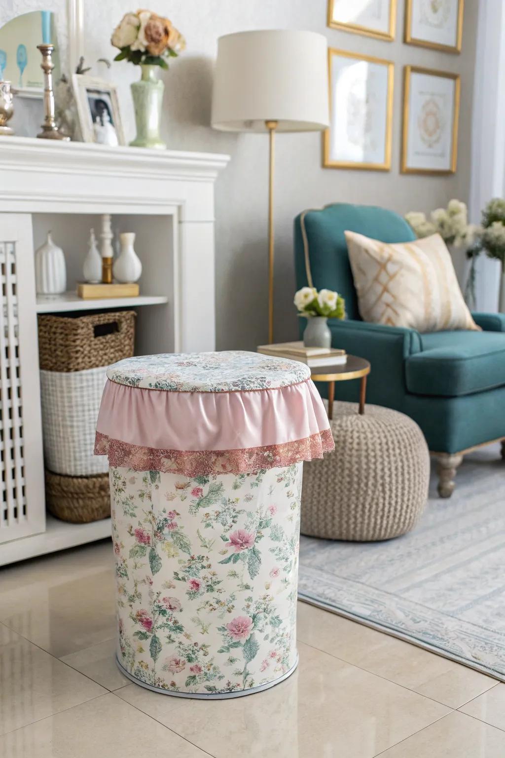 Ornamental textile drapes add flair to indoor trash bins.