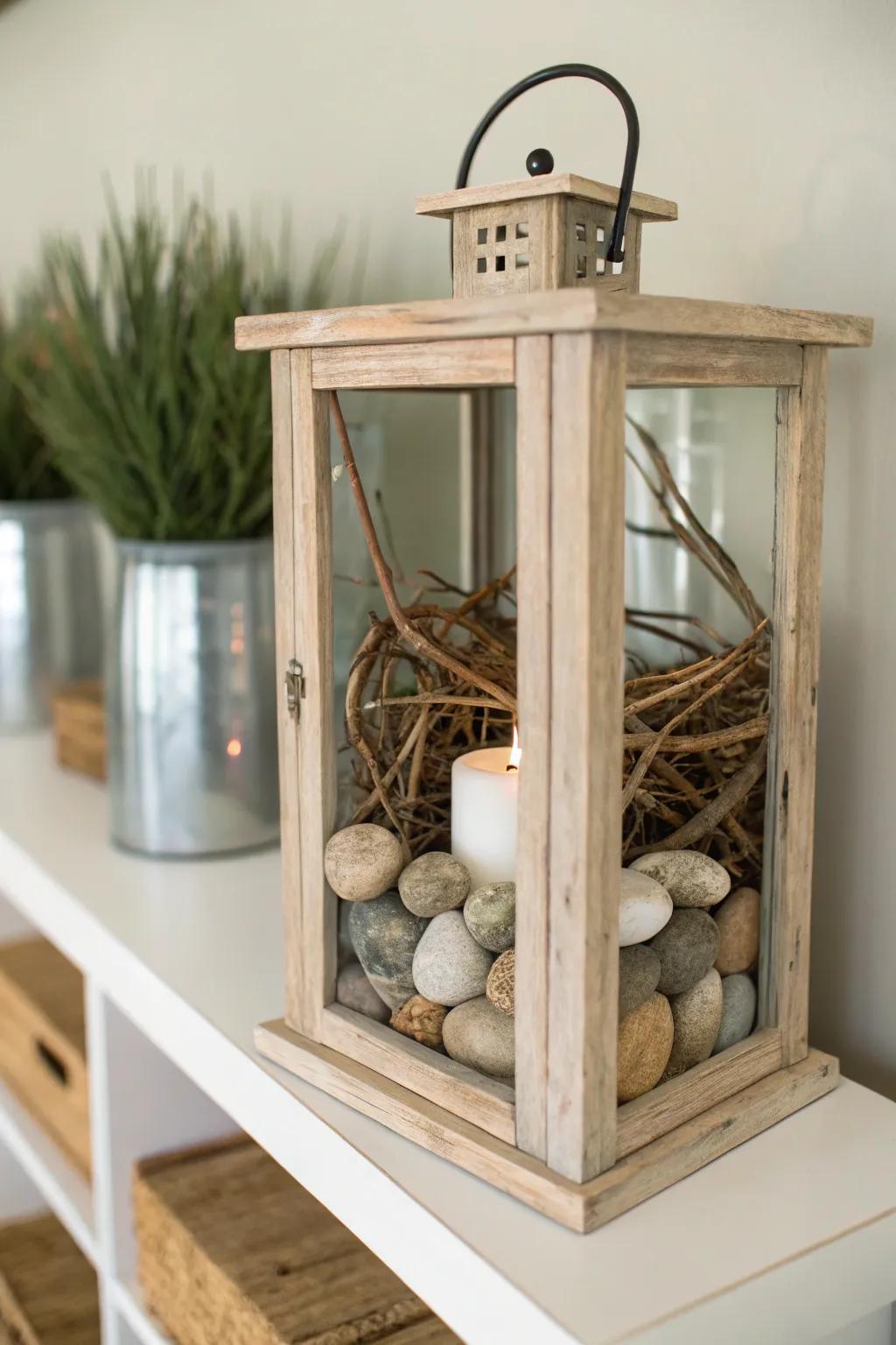 Natural elements create an organic, understated lamp display.