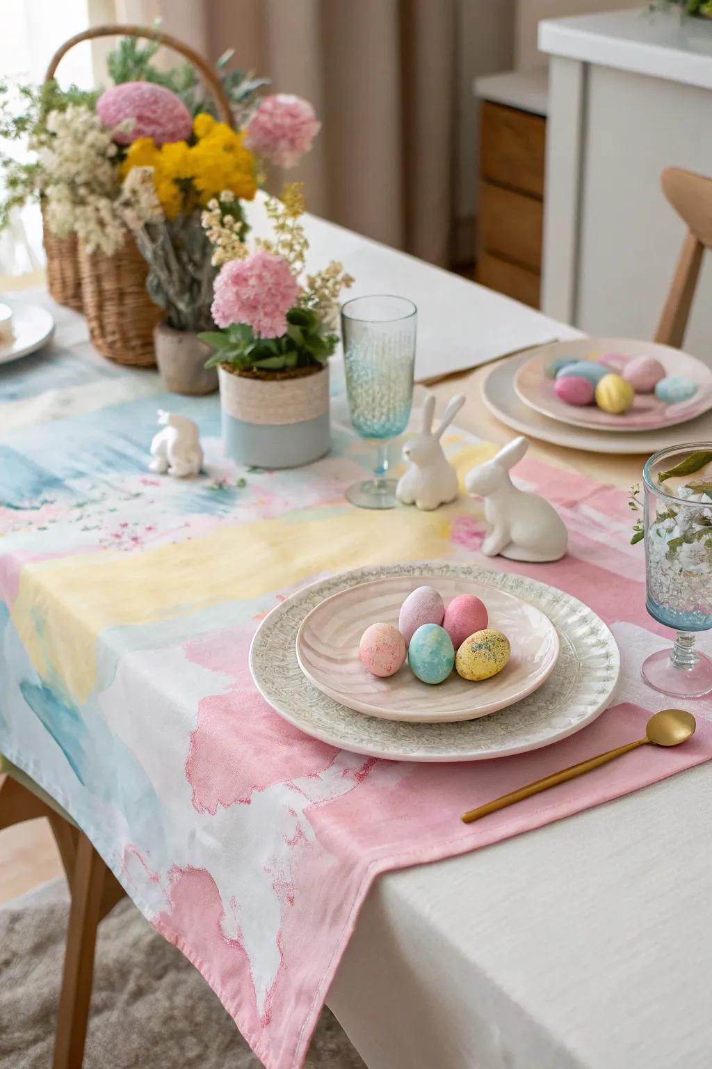 An abstract painted table runner adds a unique and artistic flair.