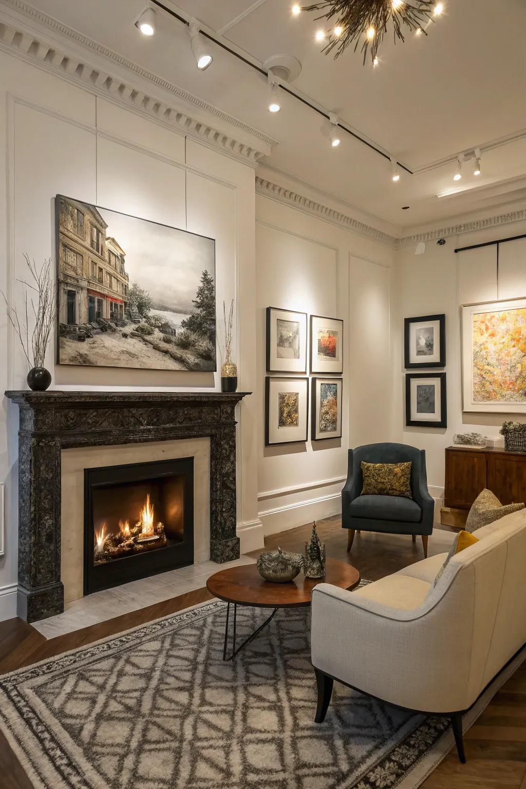An art gallery-style display around an electric fireplace.