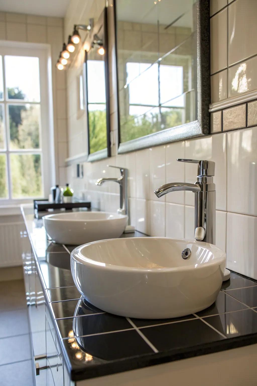 High-shine finishes inject sophistication to this elegant bathroom.
