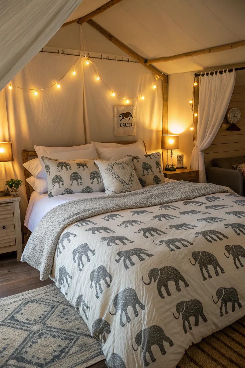 Pachyderm design bedding establishes a serene and stylish bedroom atmosphere.