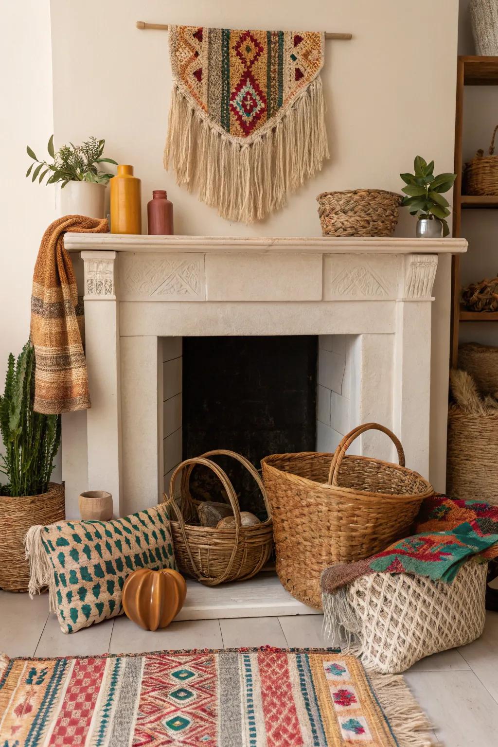 Create a boho-chic feel with textiles inside your fireplace.