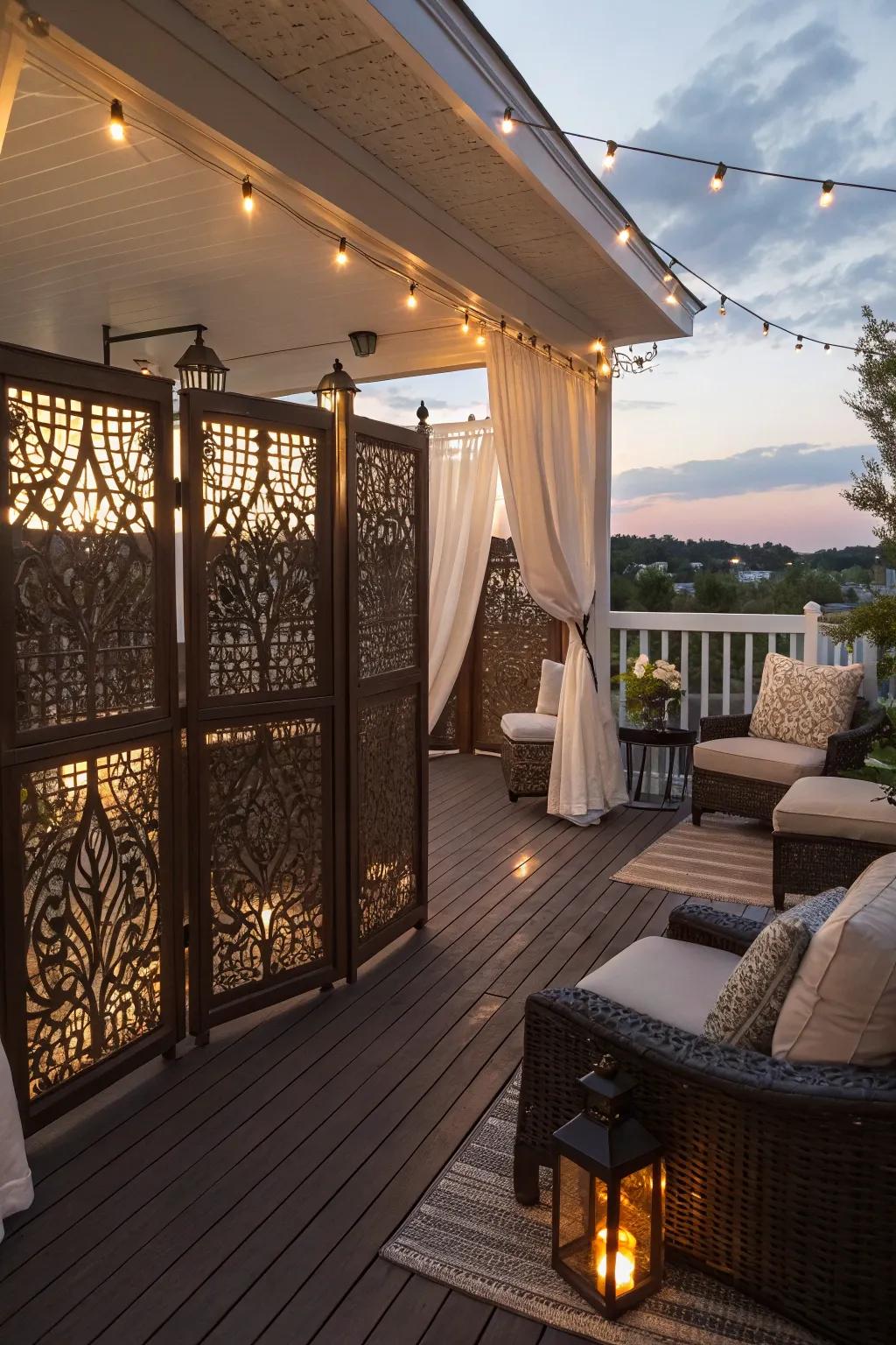 Elegant privacy screens create a secluded space on an enclosed deck.