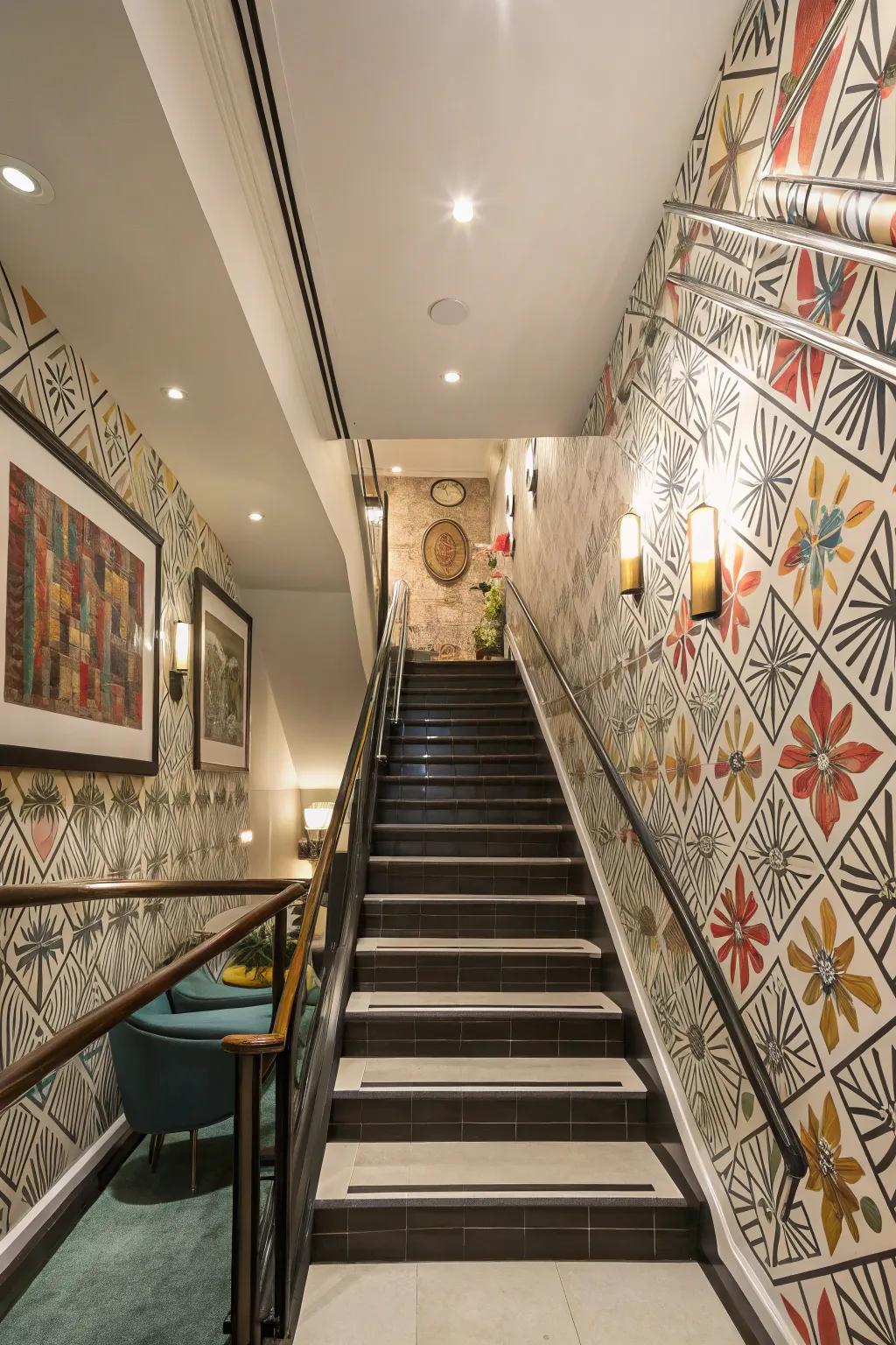 Stairwells gain a contemporary touch from abstract designs.