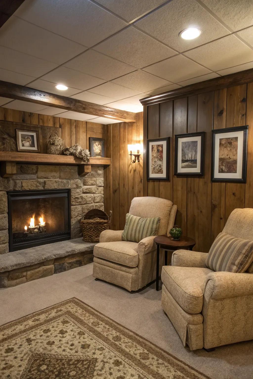 Gather around in warmth with a basement fireplace corner.