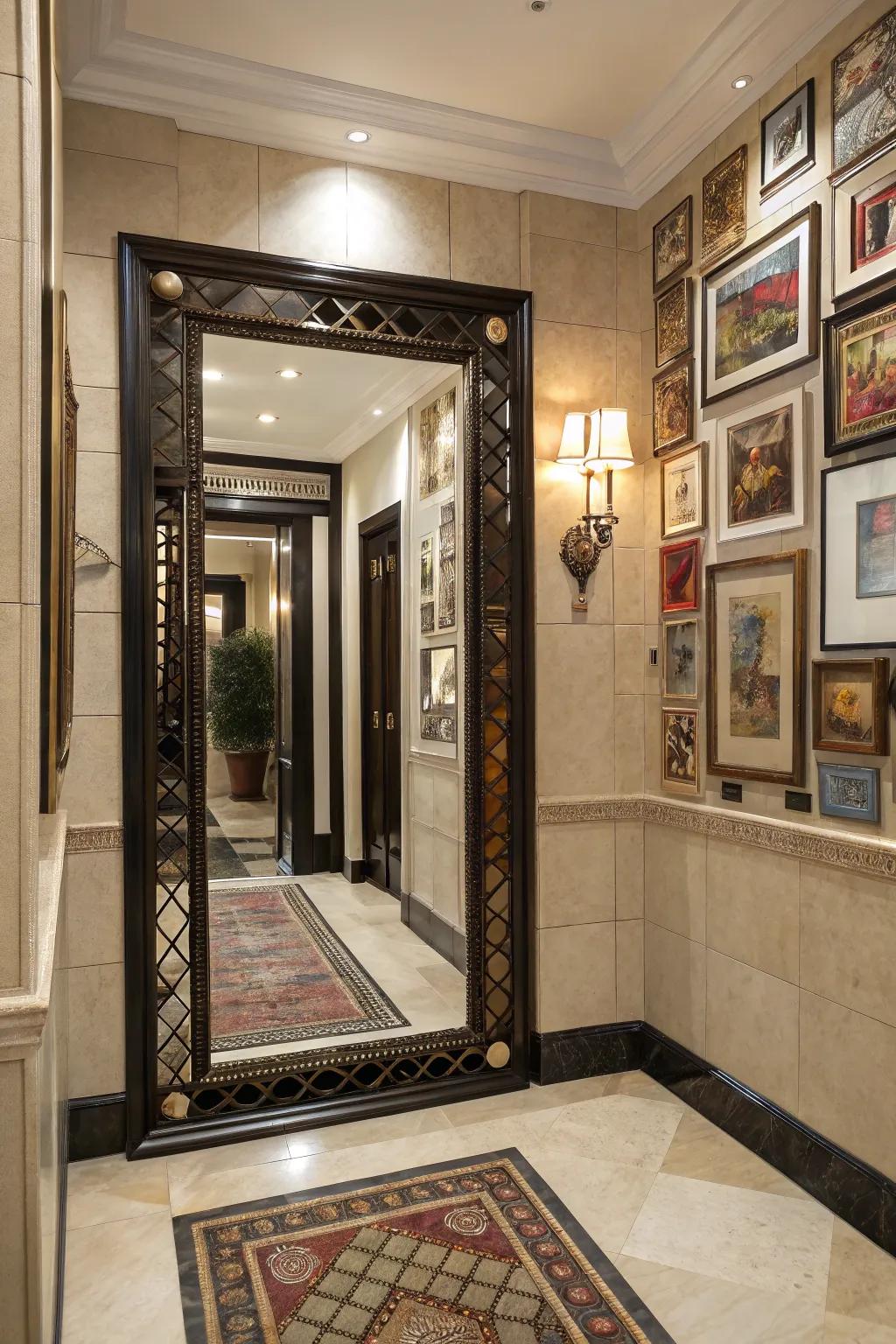 Putting art over a mirror gives a unique and creative touch to the entrance.