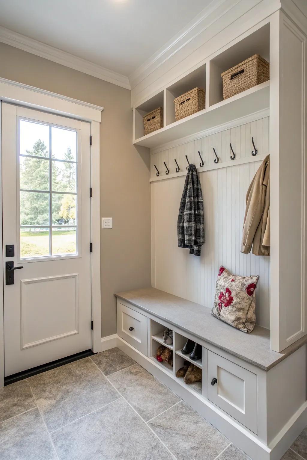 A simple approach helps keep this mudroom tranquil and uncluttered.