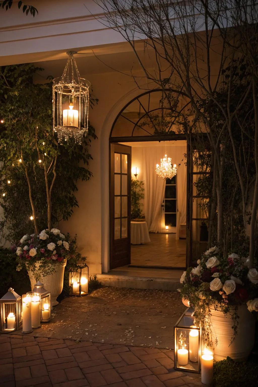 An entryway utilizes candle-form light fixtures, imparting a warm and romantic shimmer.