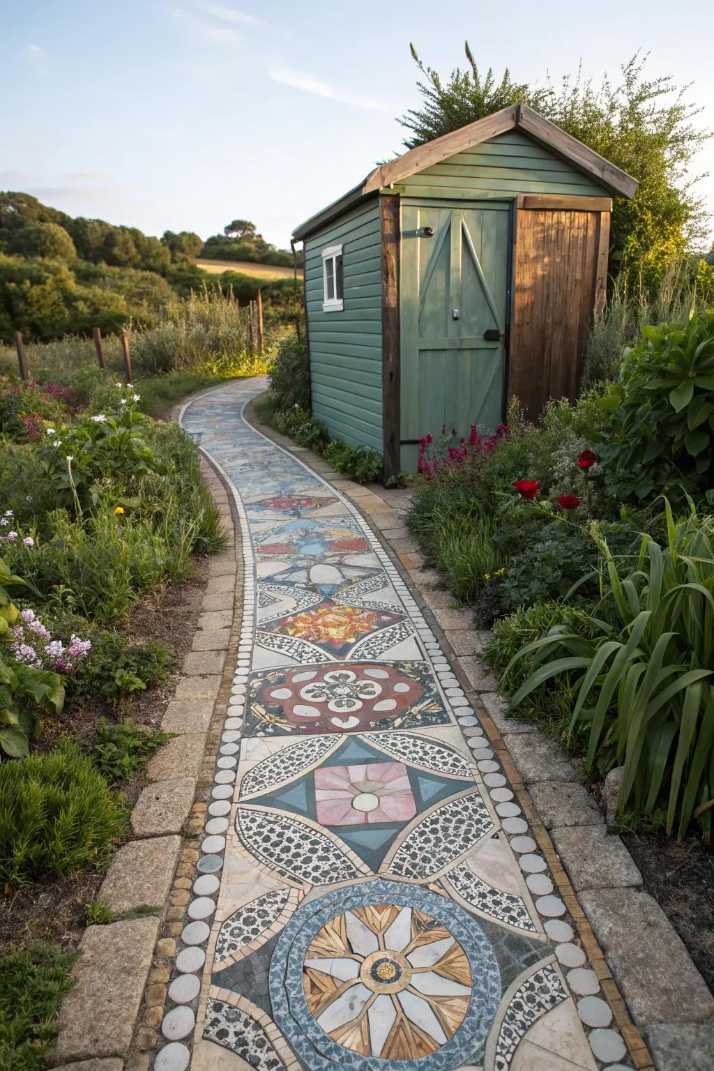 A mosaic pathway forms an artistic route.