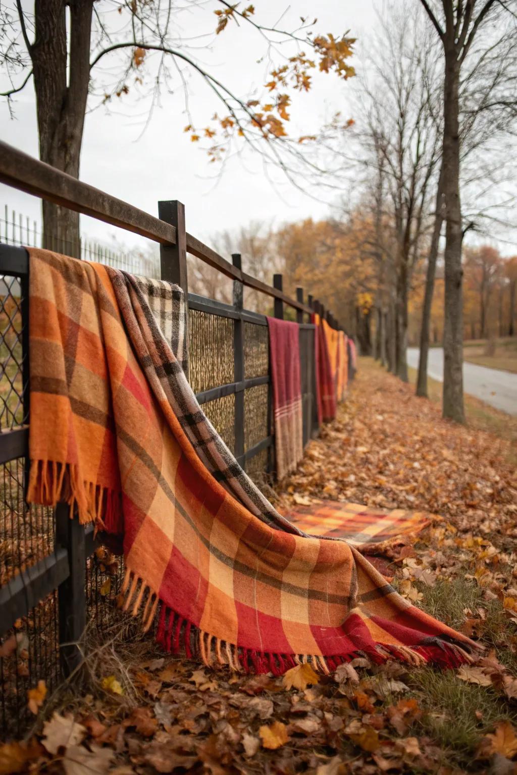 Plaid textile in seasonal colors contributes a comfortable aesthetic to the fence.