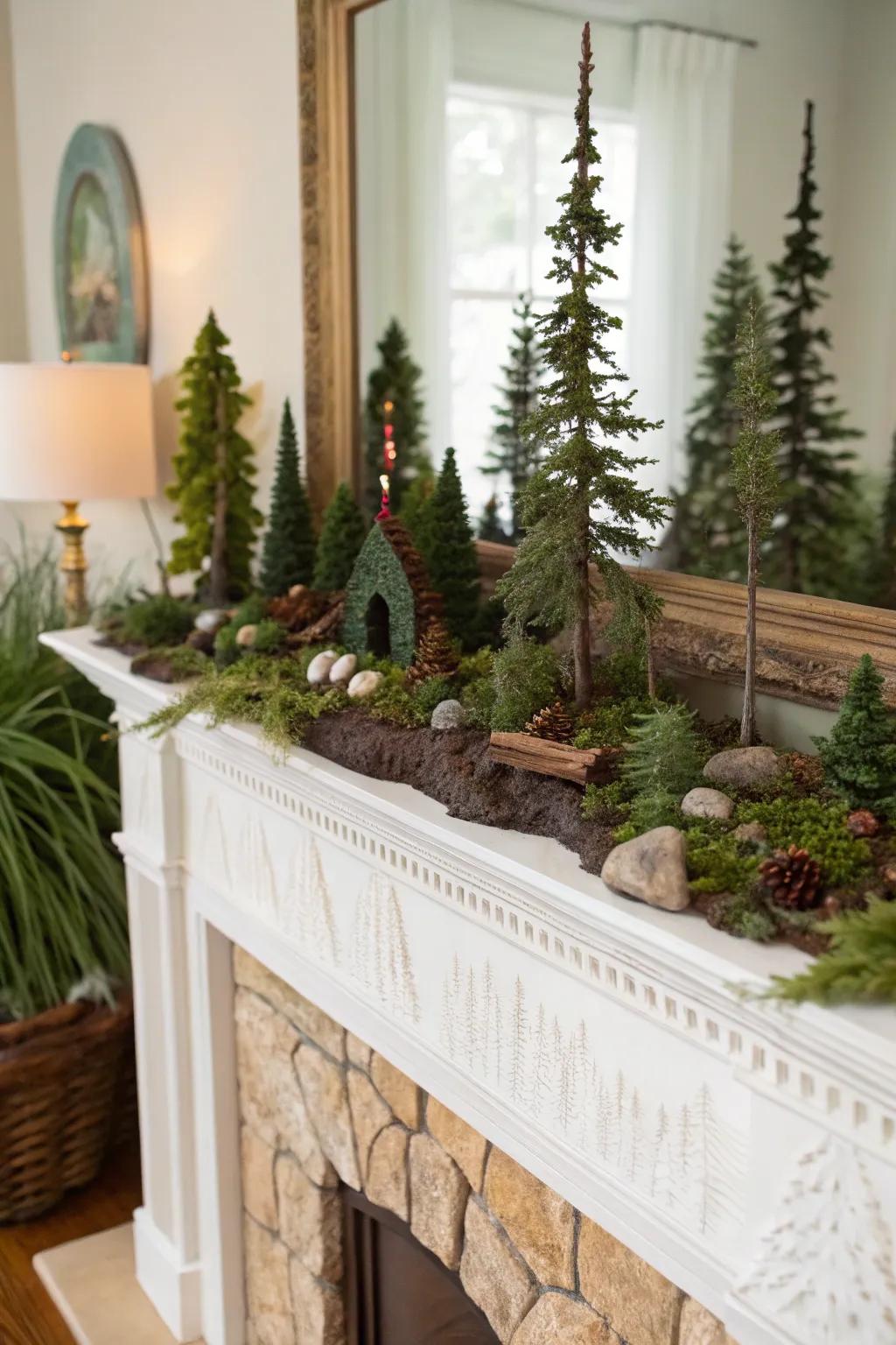 A whimsical autumnal mantel with a miniature copse scene.