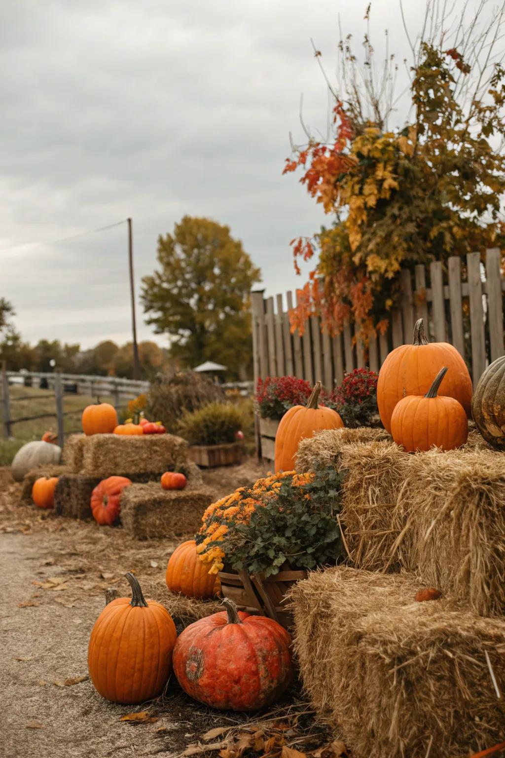 Mini hay pieces infuse a country-style harvest-time allure to gourd exhibits.