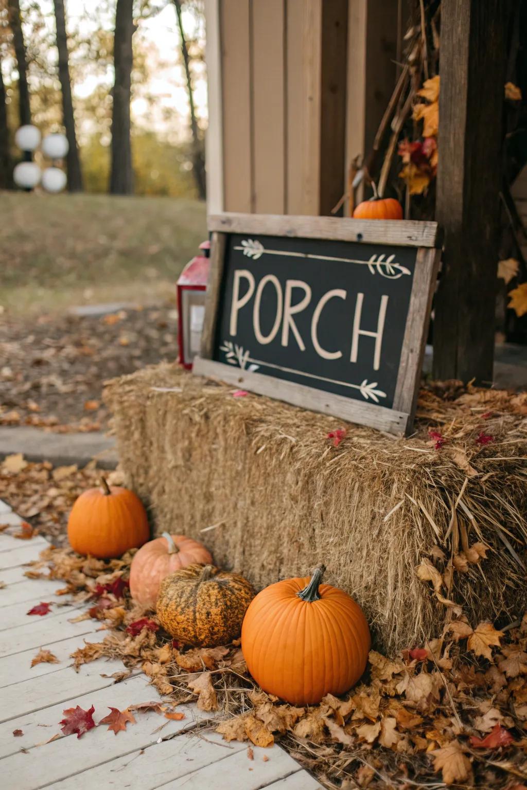 A hay bundle adds rustic charm to your fall porch marker display.