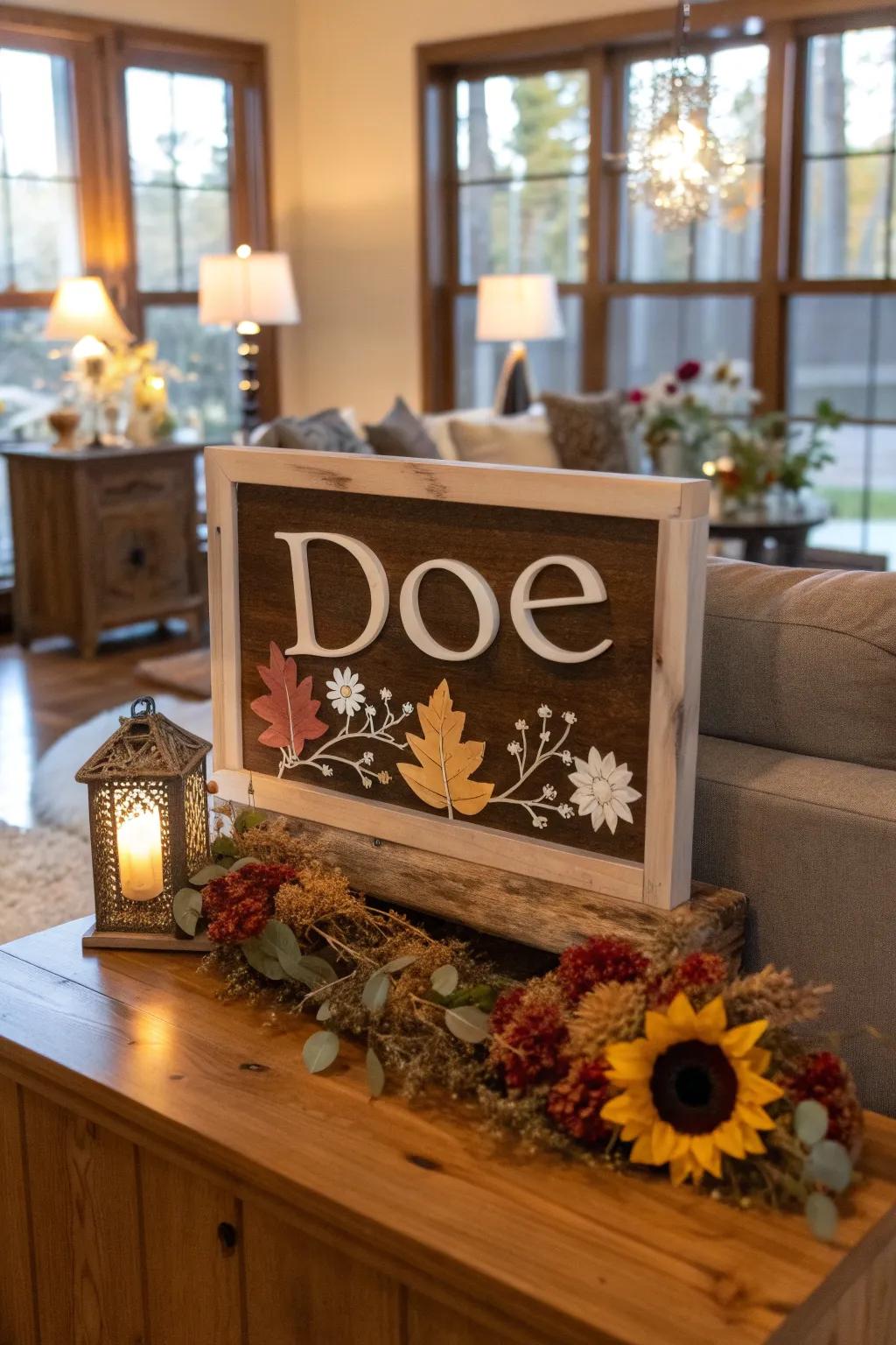 An interchangeable family name sign perfect for seasonal updates.