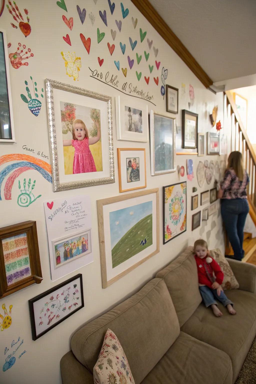 A creative fusion of children's artwork and family photos on the wall.