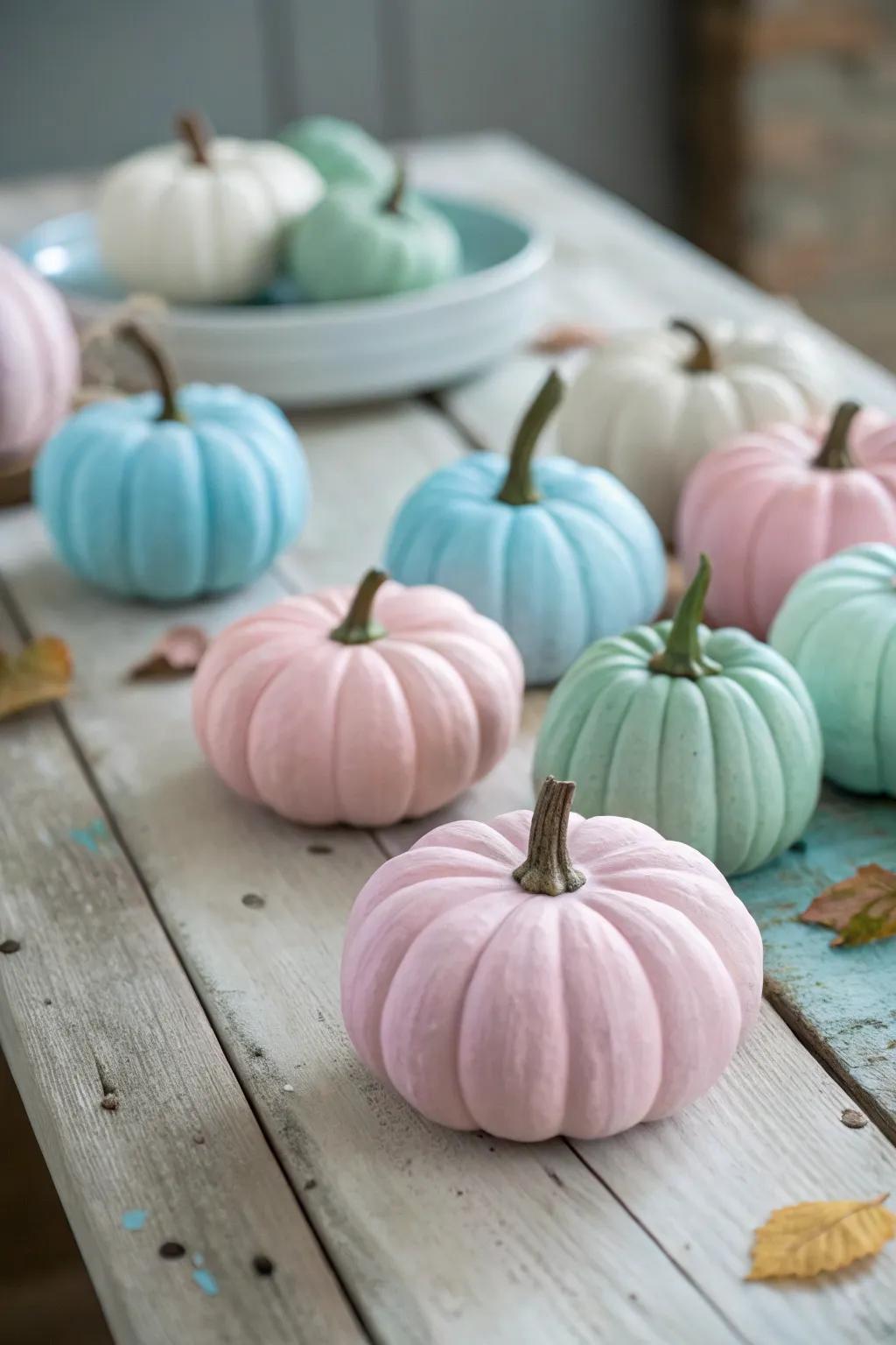 Tinted orange gourds in pastel hues impart a chic element.