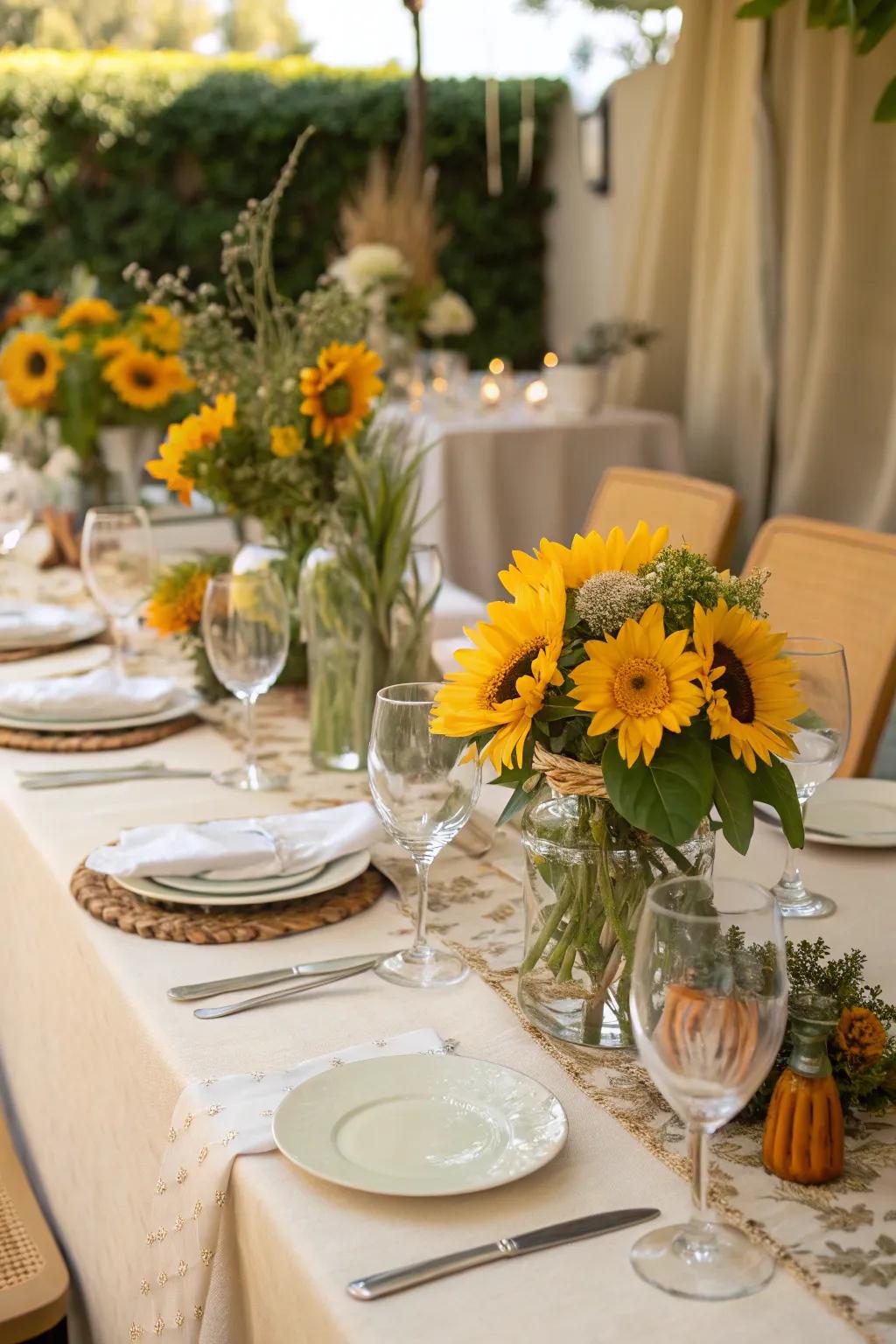 Daisy table compositions contribute a vibrant and cheerful touch to the embellishments.