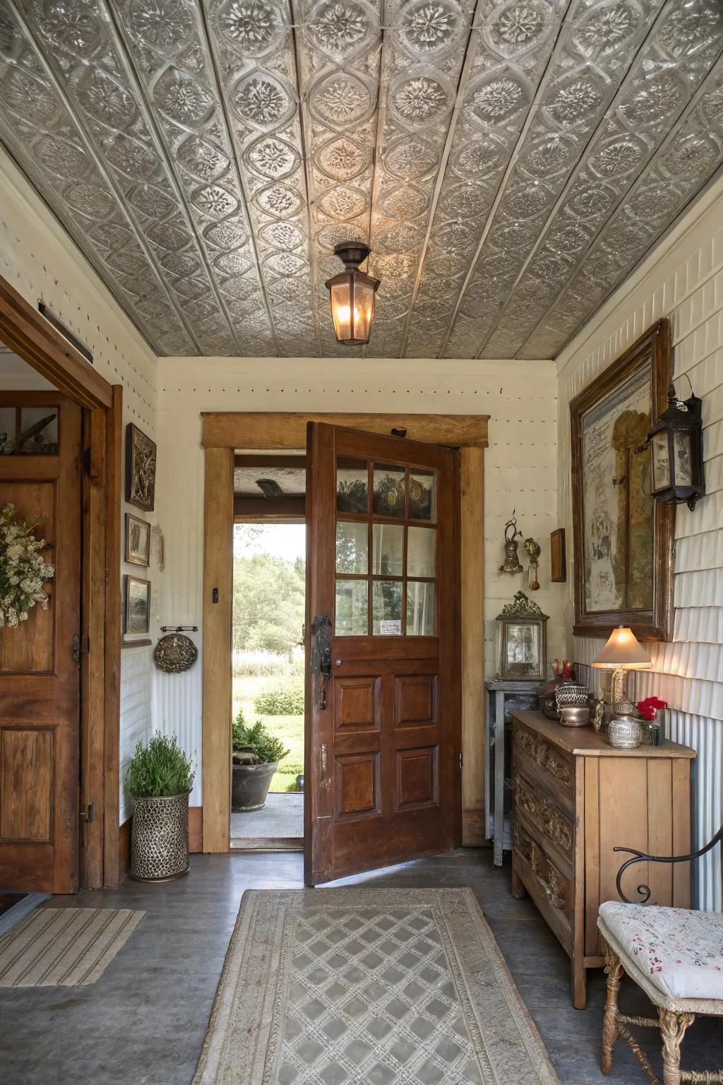 Metallic tiles lend nostalgia and grace to this farmhouse entryway ceiling.