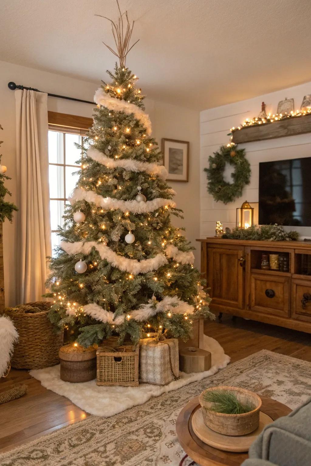 Faux fur accents add a touch of luxury to this cozy tree.
