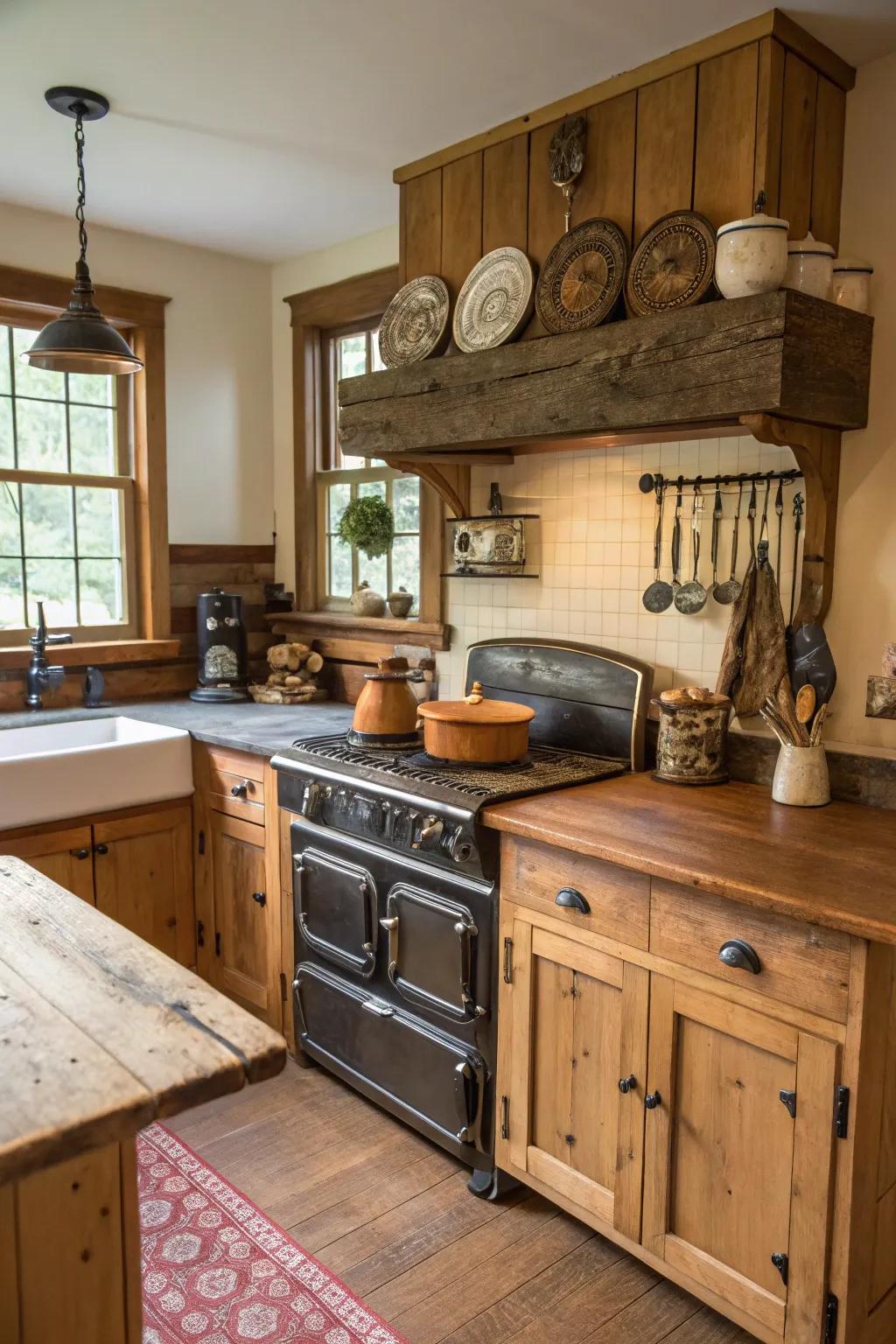 A farmhouse kitchen featuring a butcher block work surface.