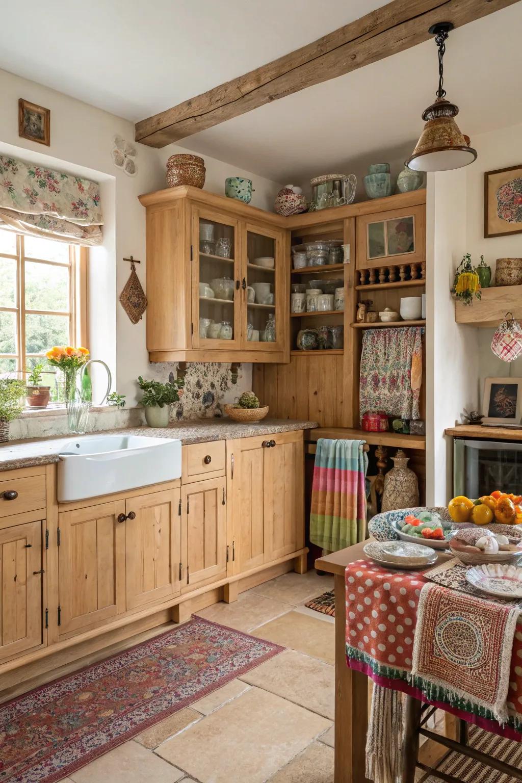 Eclectic decor adds personality to a kitchen with light wood cabinets.