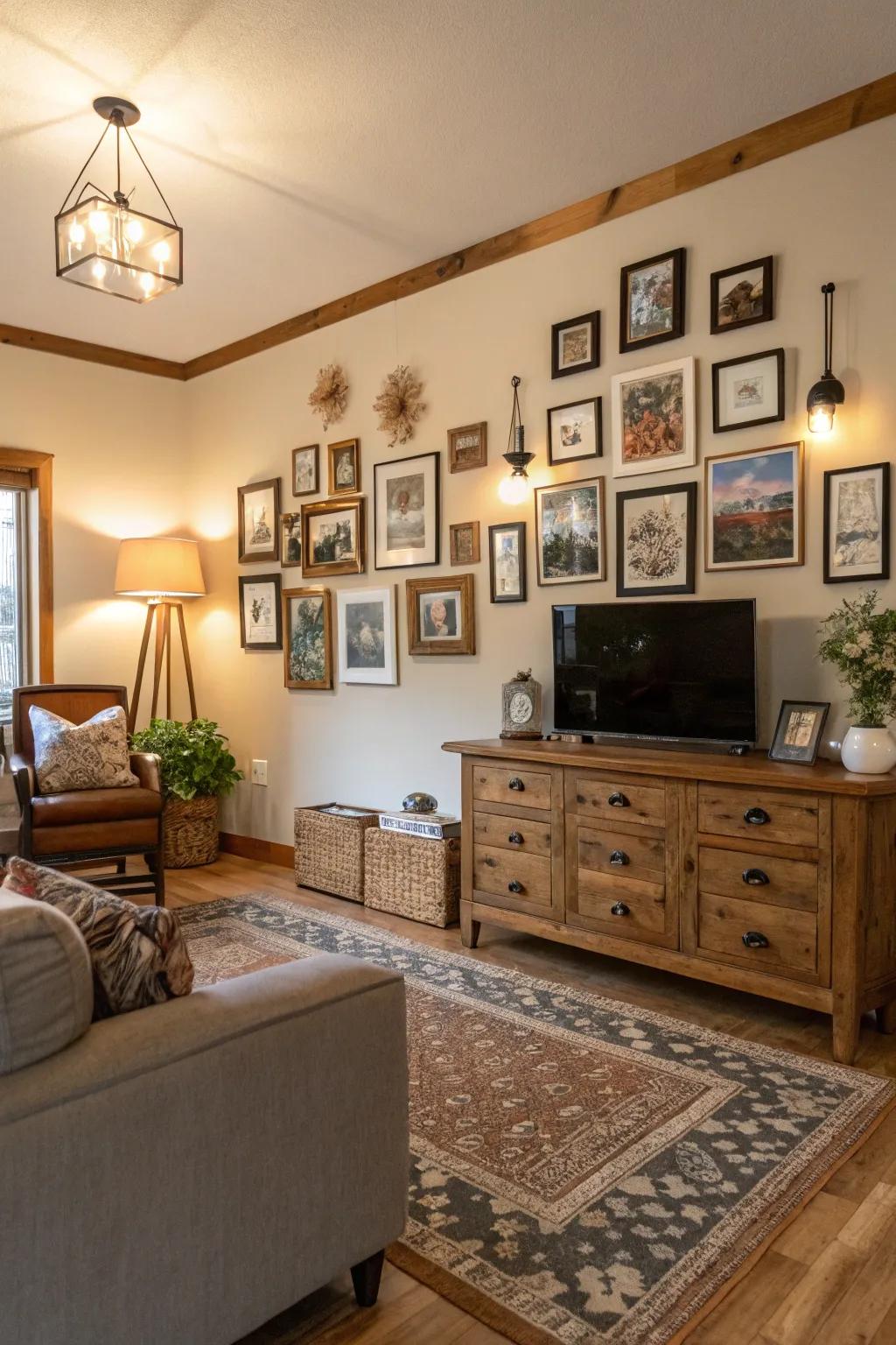 A gallery wall adds personality and personalization to this country house family room.
