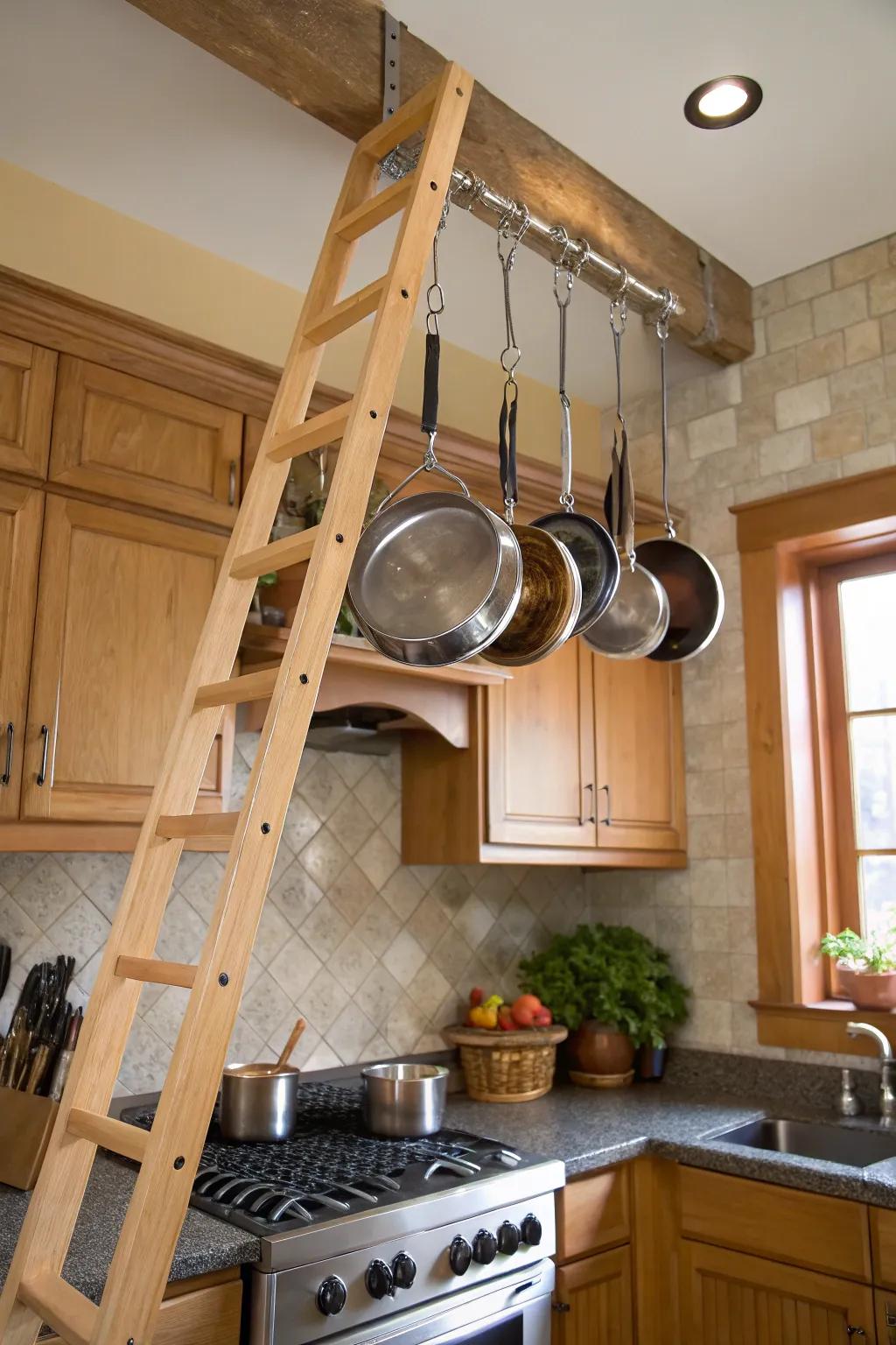 A kitchen pot rack created from a suspended ladder