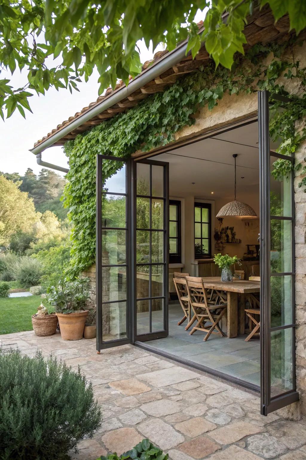 Glass doors create a seamless transition between indoor and outdoor spaces.