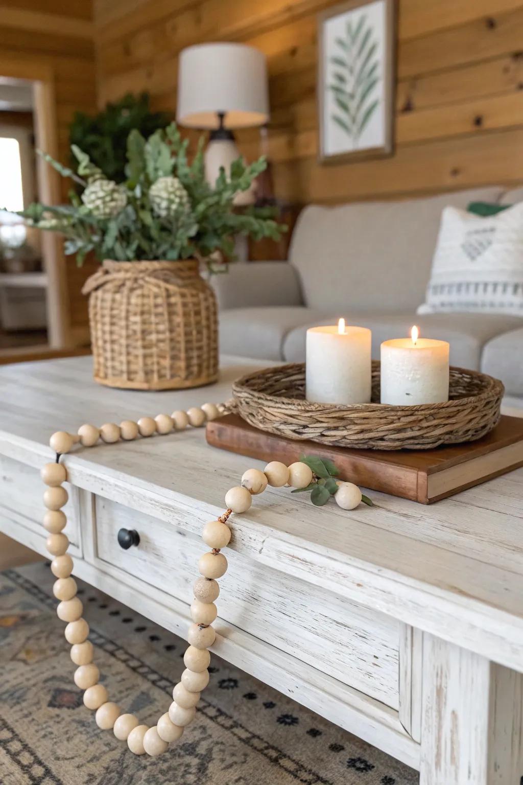 Coffee table enhanced with wood bead garland.