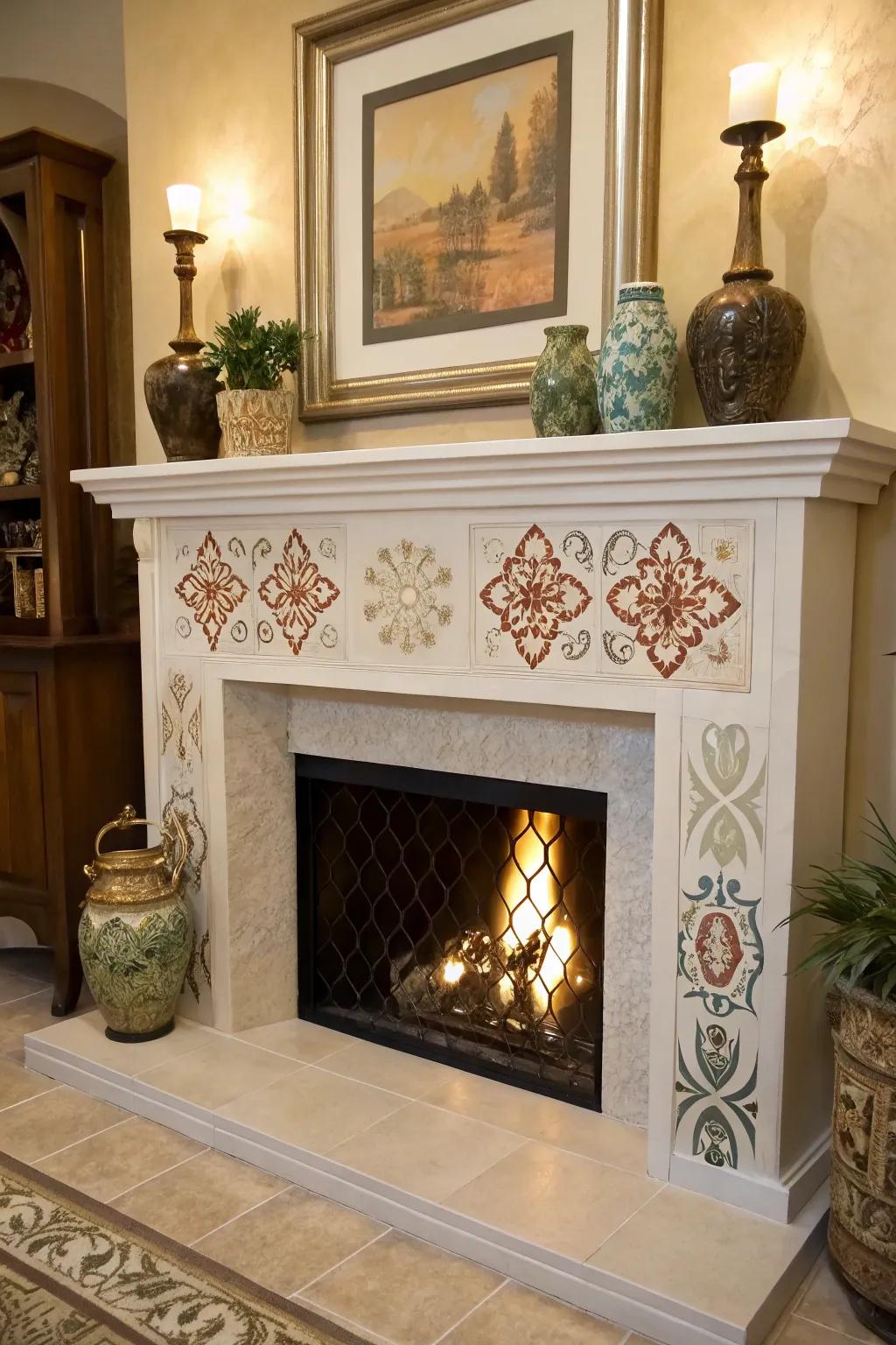 An imitation fireplace showing an artistic internal design.