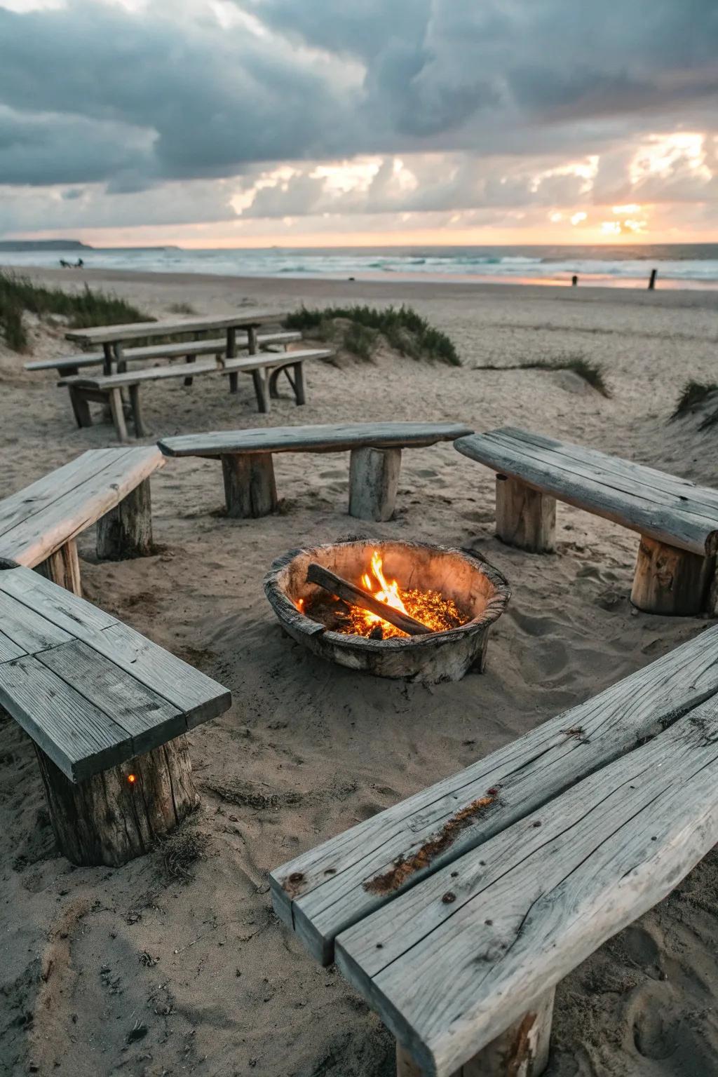 Coastline wood benches contribute a relaxed, beach-inspired touch to the fire pit area.