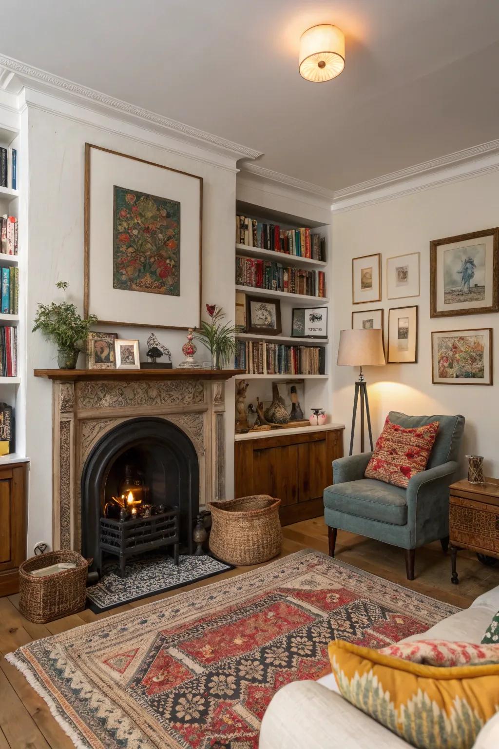 An eclectic living room featuring a mix of styles around the fireplace alcove.