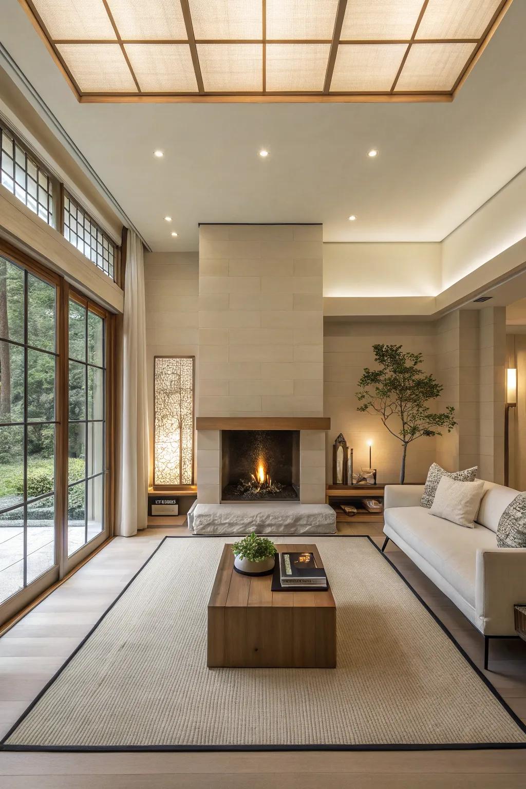 A serene, zen-inspired lounge featuring a minimalist central fireplace.