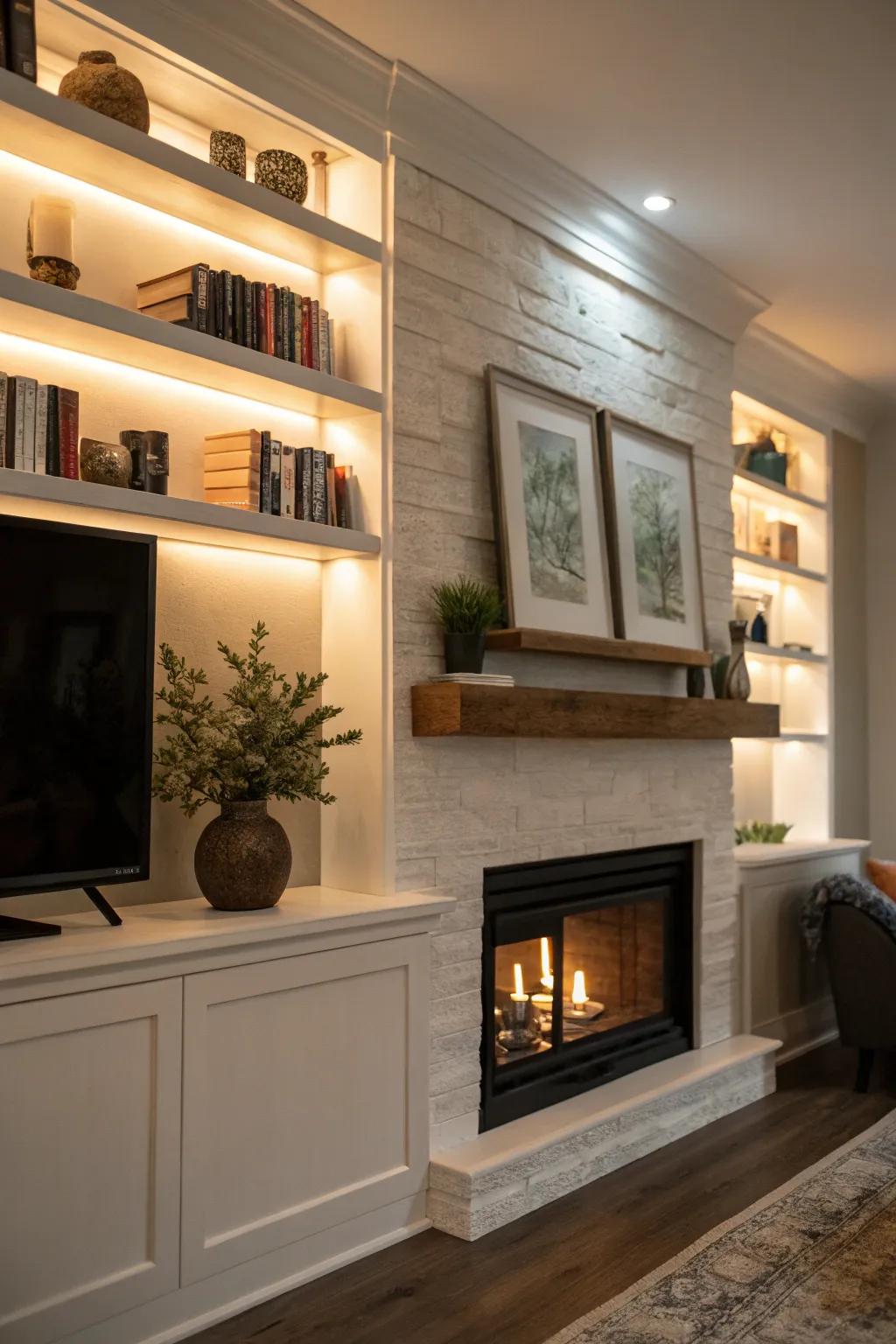 Floating shelves with lights display decor beautifully.