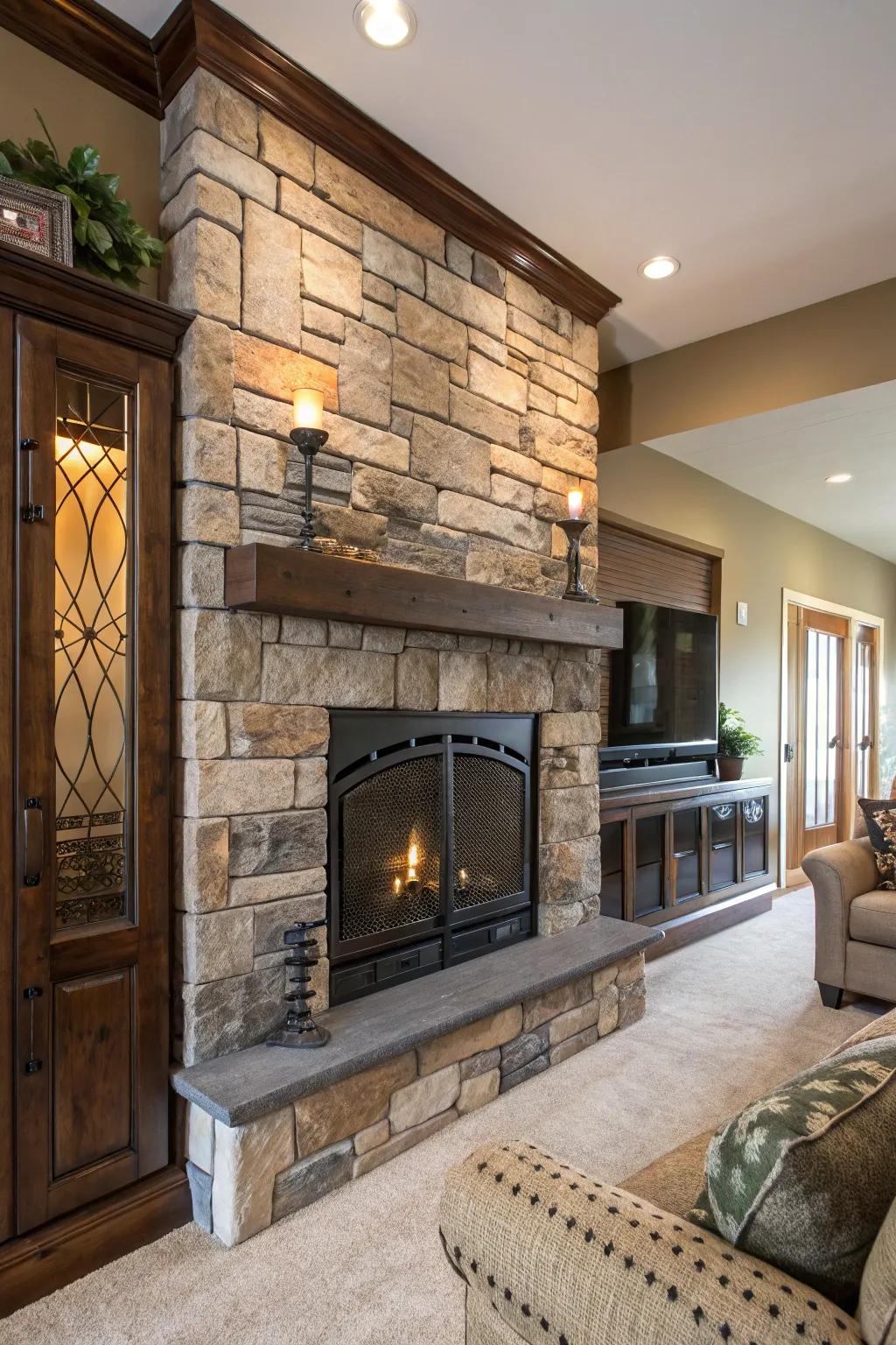 The fireplace wall features an artful blend of materials.