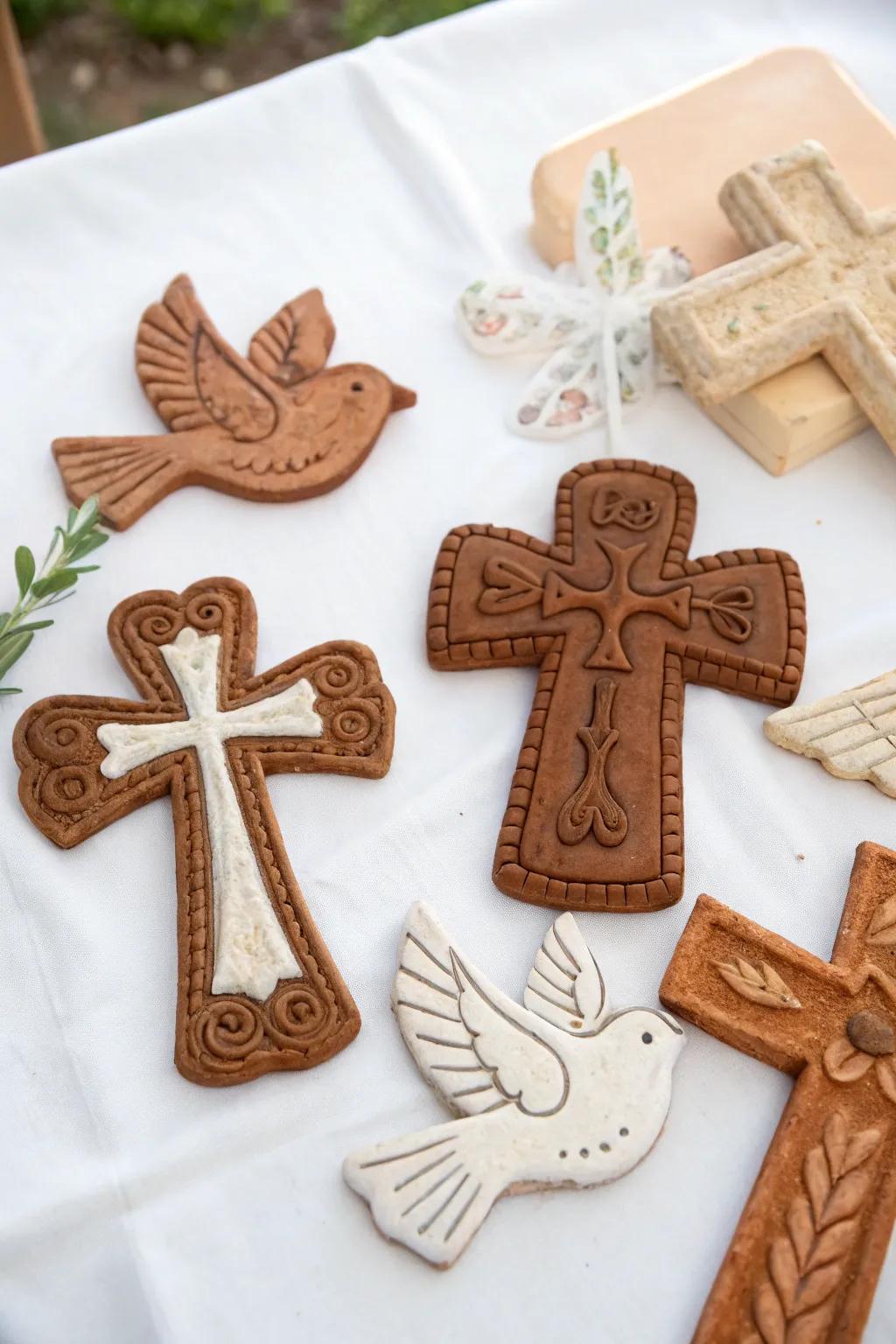 Handcrafted religious symbols introduce a personal and meaningful touch to the decorations.