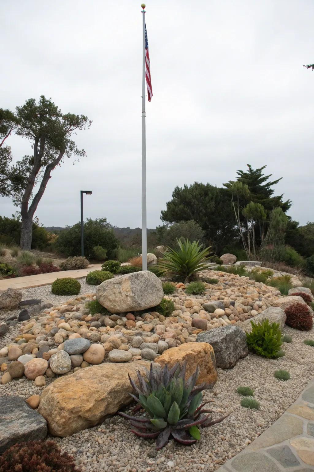 A rock garden offers a durable and stylish landscape around a freedom pole.