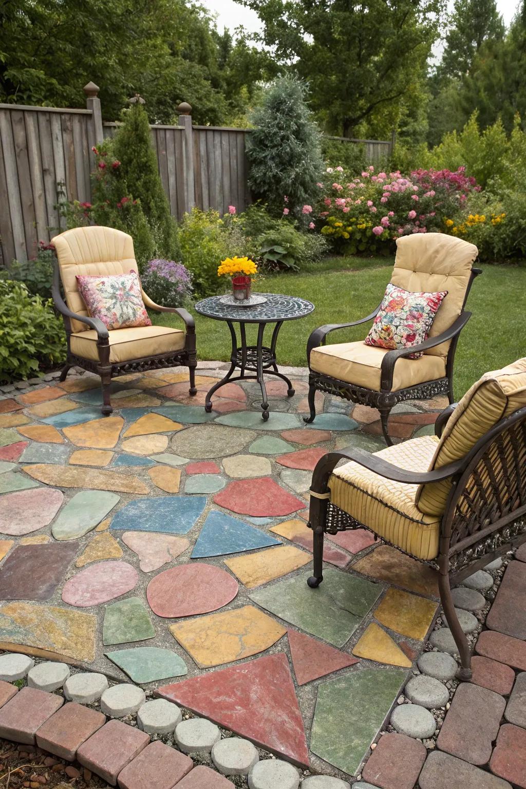 A mosaic flagstone patio showcasing creative design.