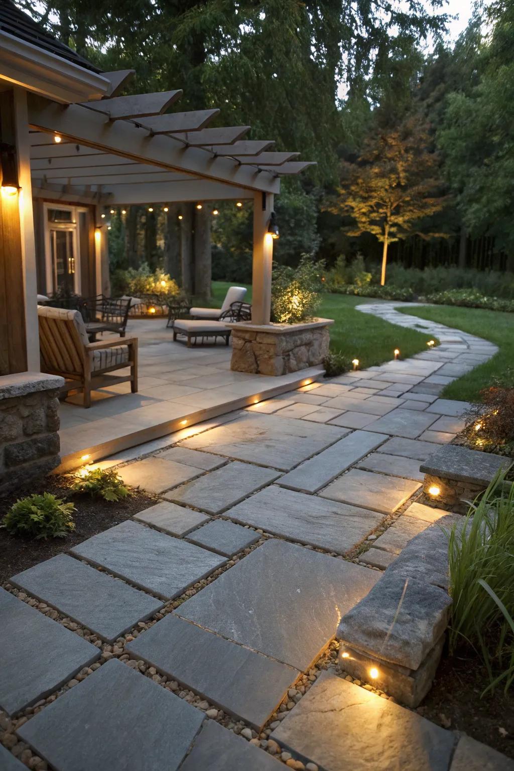 A beautifully lit flagstone patio designed for evening use.