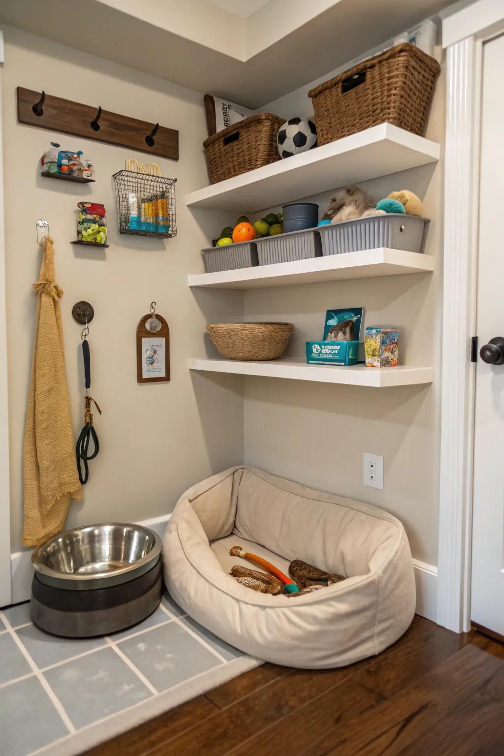 Floating shelves used to create a stylish and tidy pet corner.