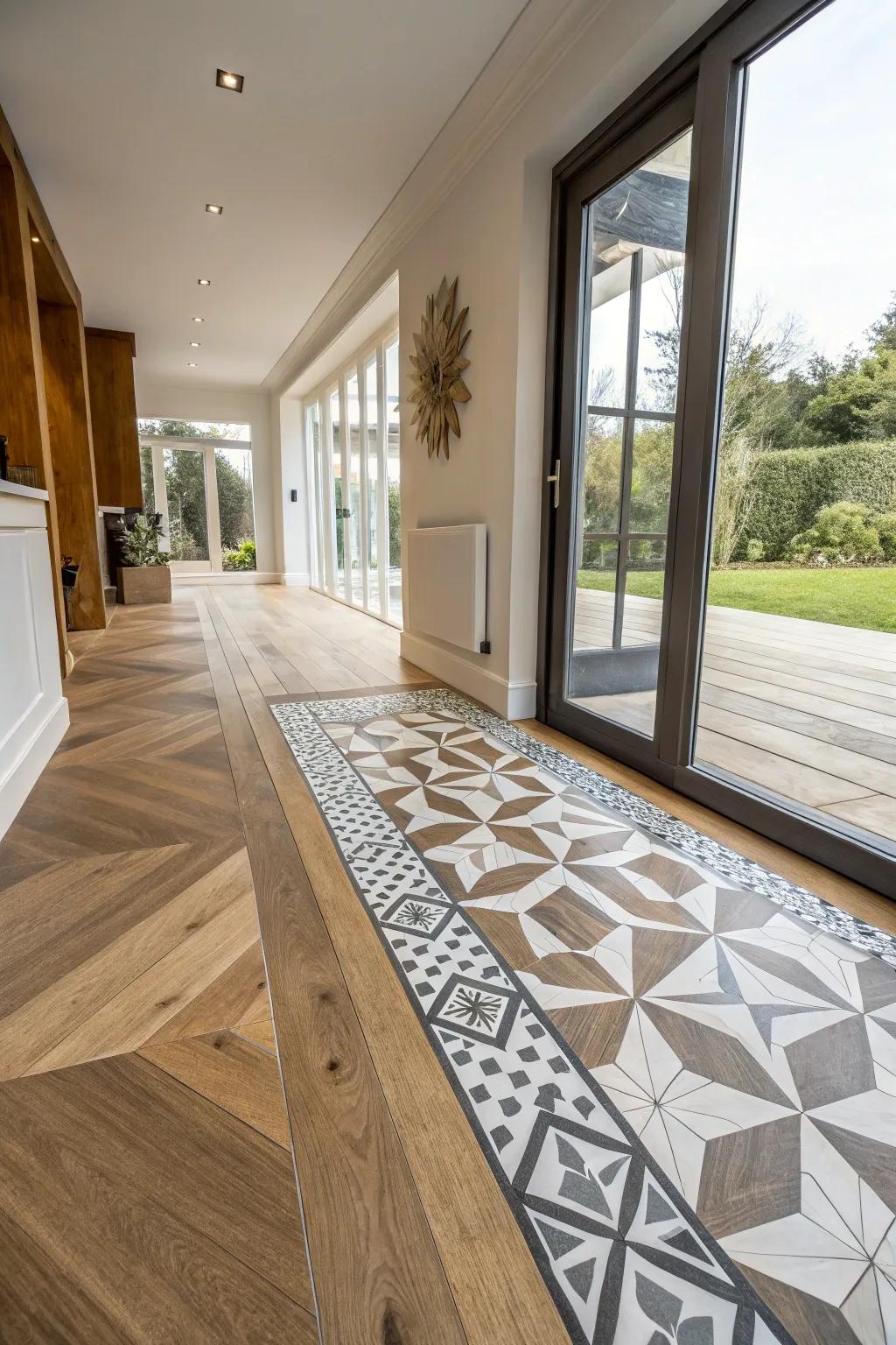 Symmetrical design connection transforms floor into art.