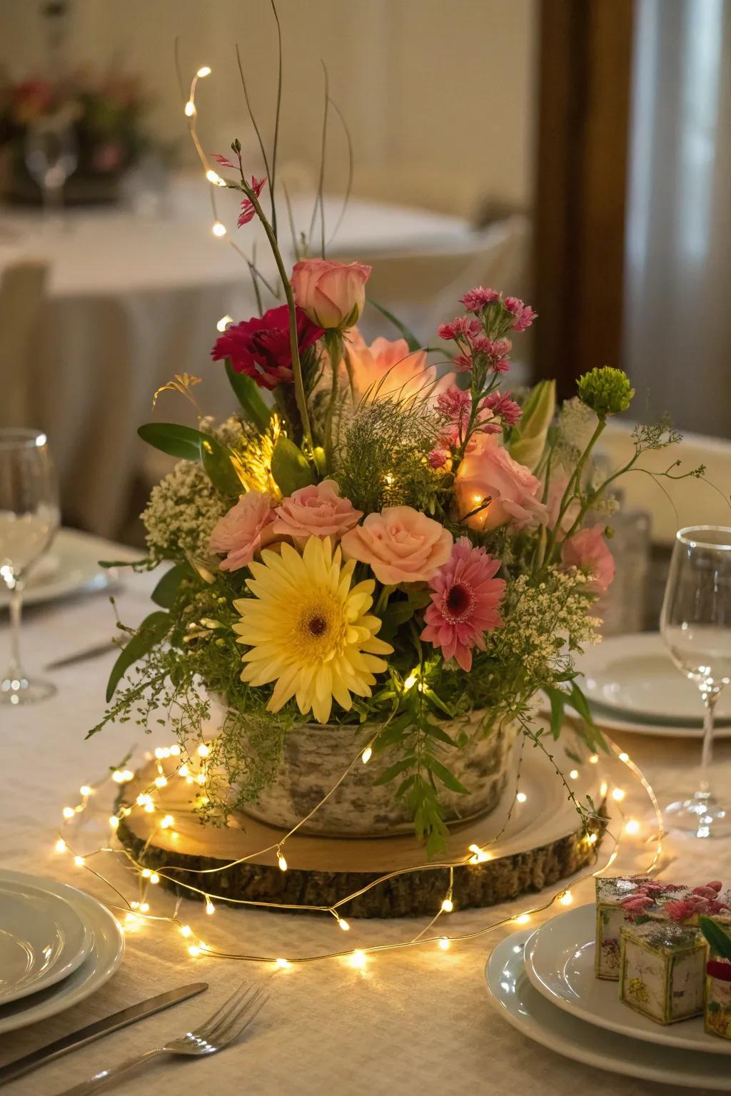 Whimsical twinkling strands and flowers focal point, introducing a magical touch to your evening décor.