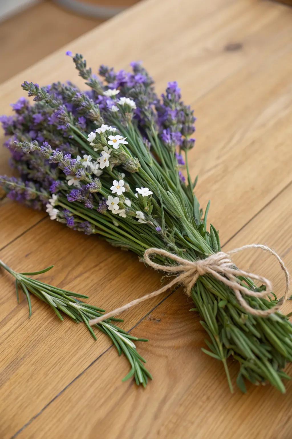 A sweet herb bouquet showcasing lavender and rosemary.