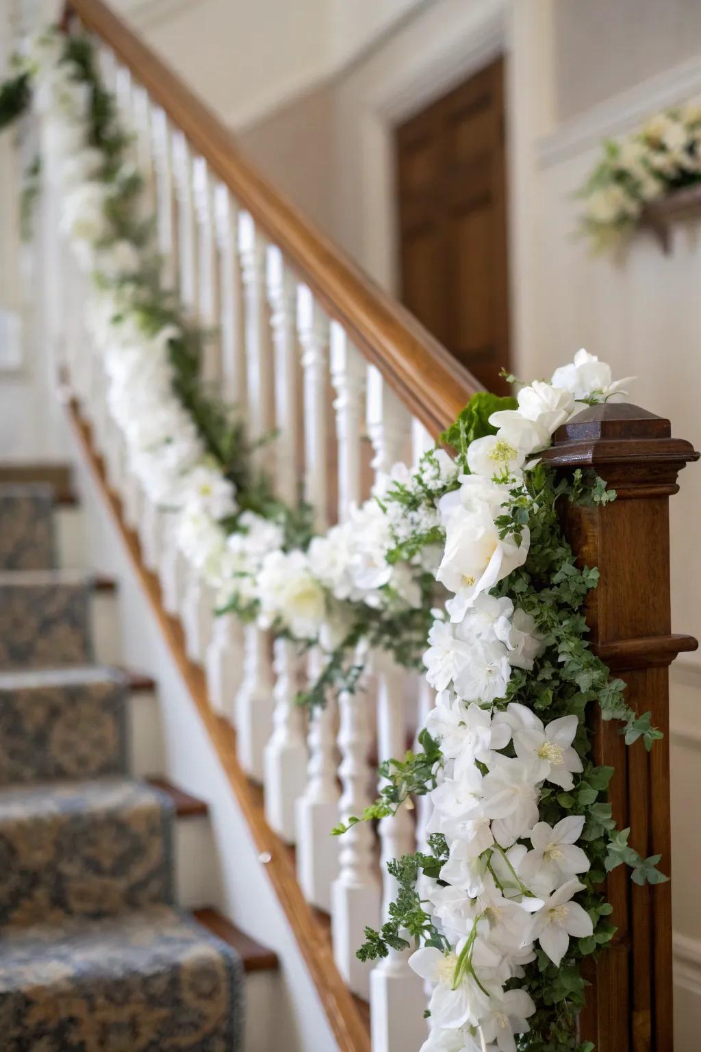 A pale flower swag creating a grand staircase entrance.