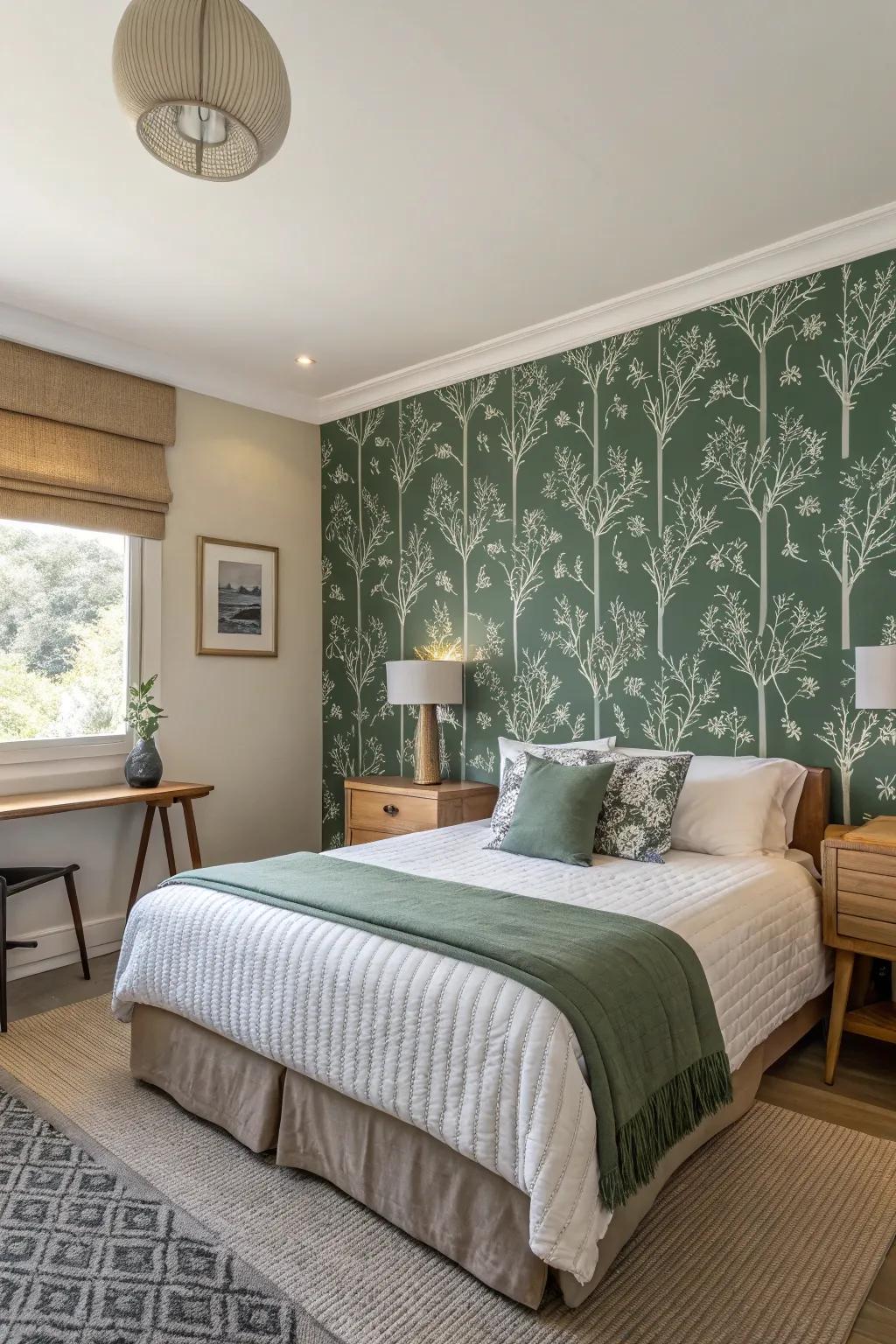 Patterned wallpaper adds texture and interest to a green bedroom.