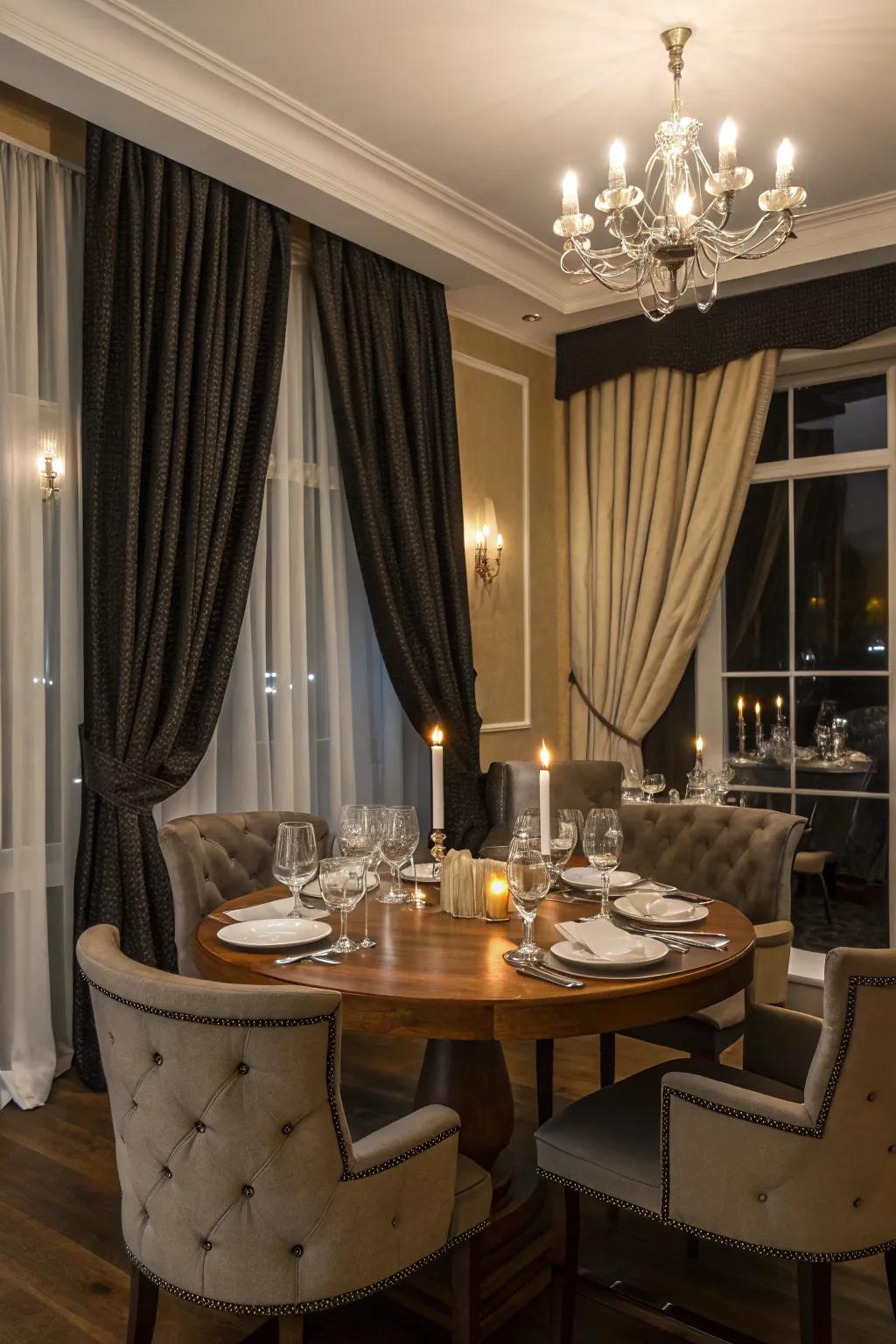 Room darkening curtains include privacy and design to this classy dining room.