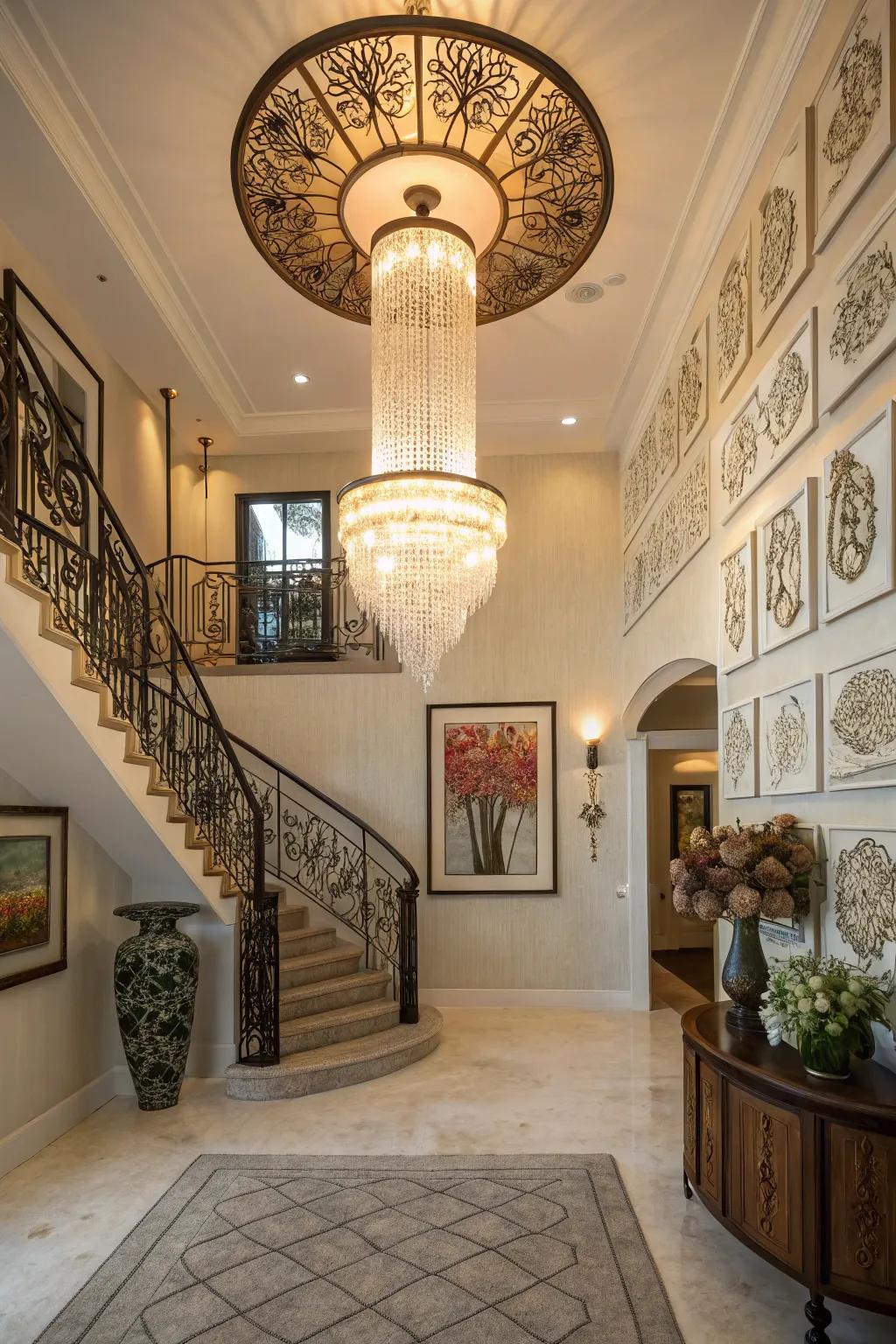 A custom-designed chandelier adds personal style to this unique foyer.