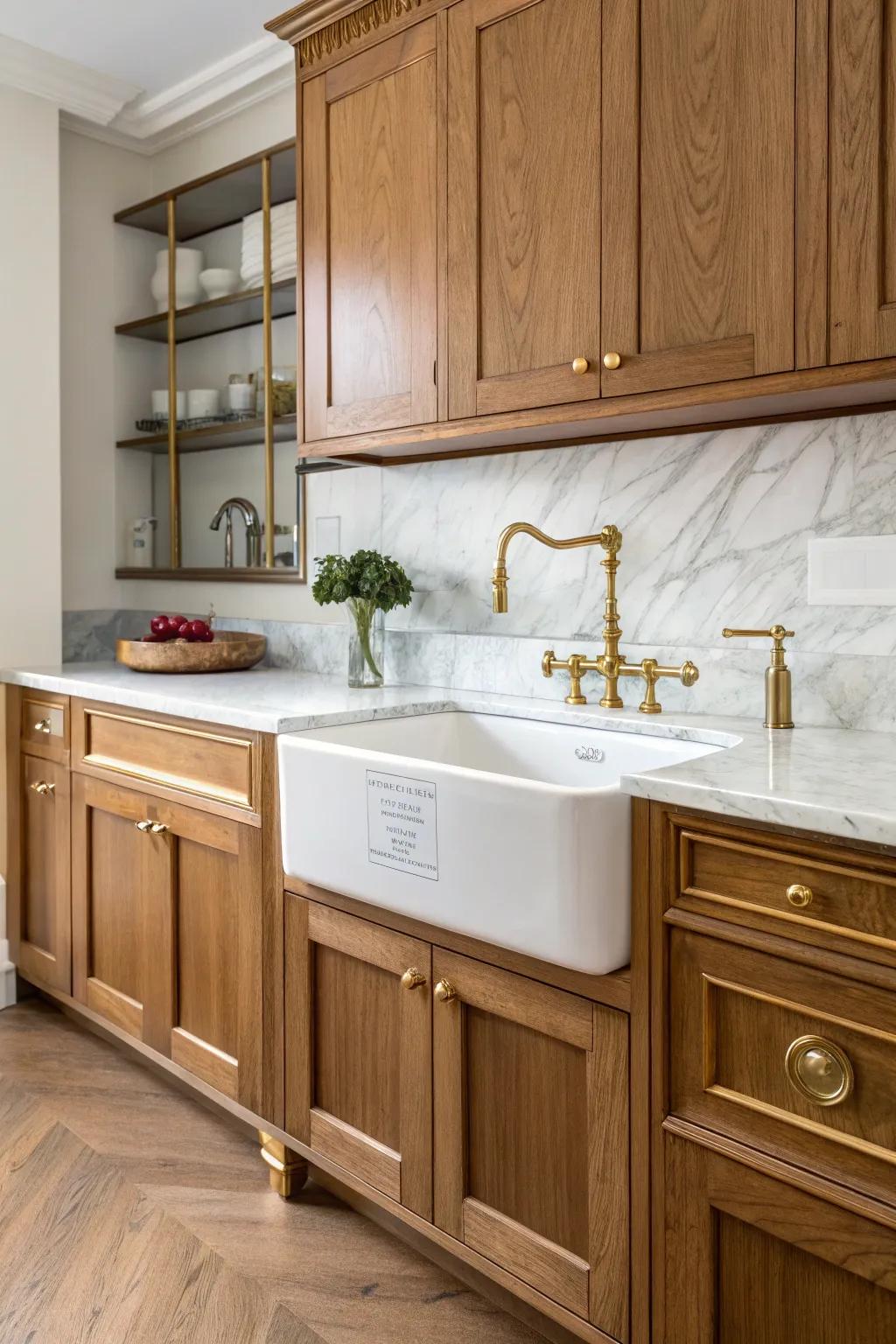 An elegant kitchen enhanced by brass accents surrounding a stand-alone sink.