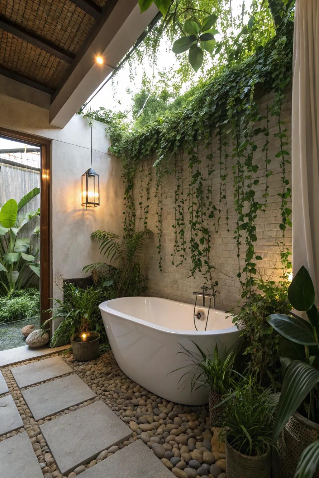 A bathroom oasis with a detached soaking tub surrounded by lush greenery.